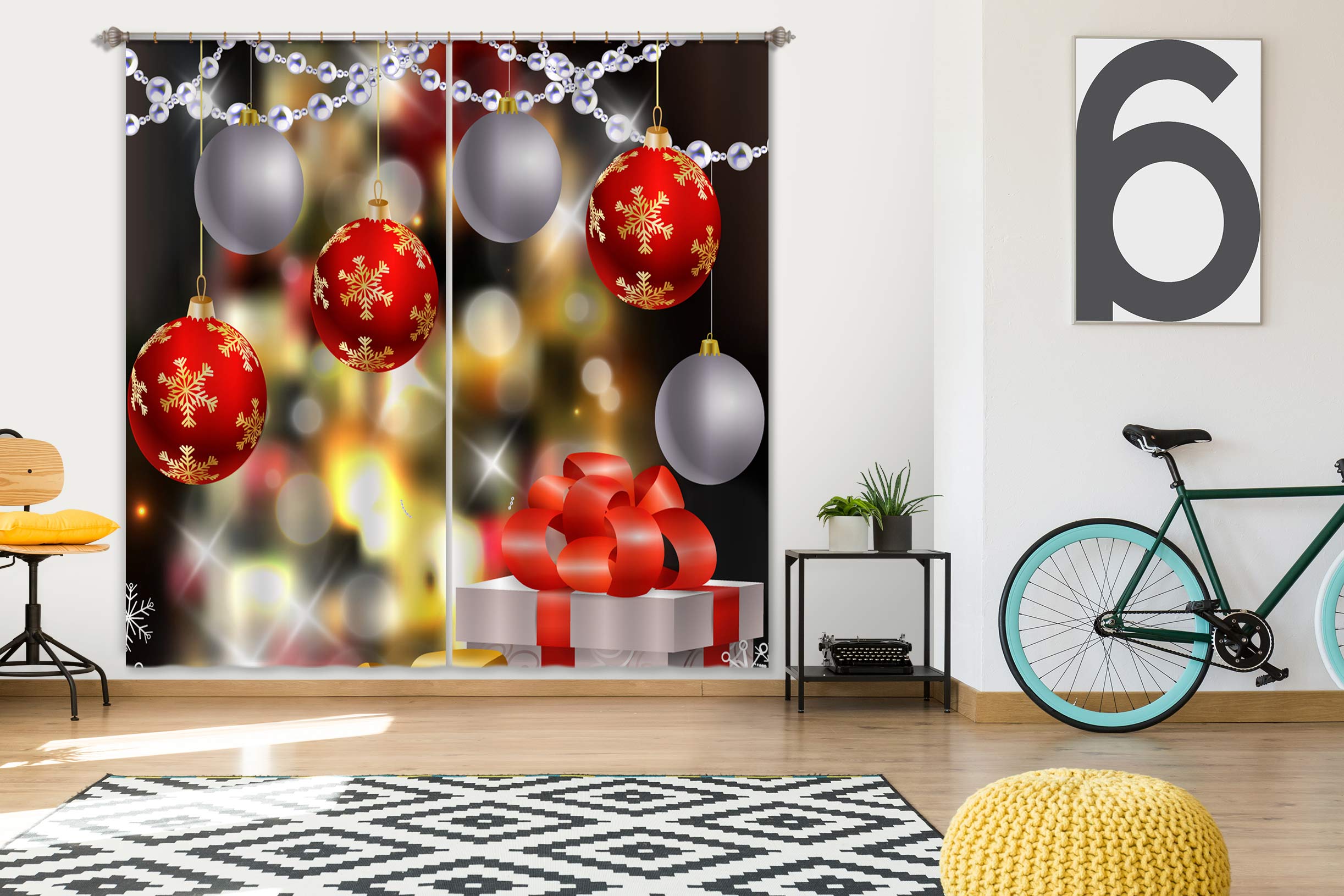 3D Silver Red Ball 52037 Christmas Curtains Drapes Xmas