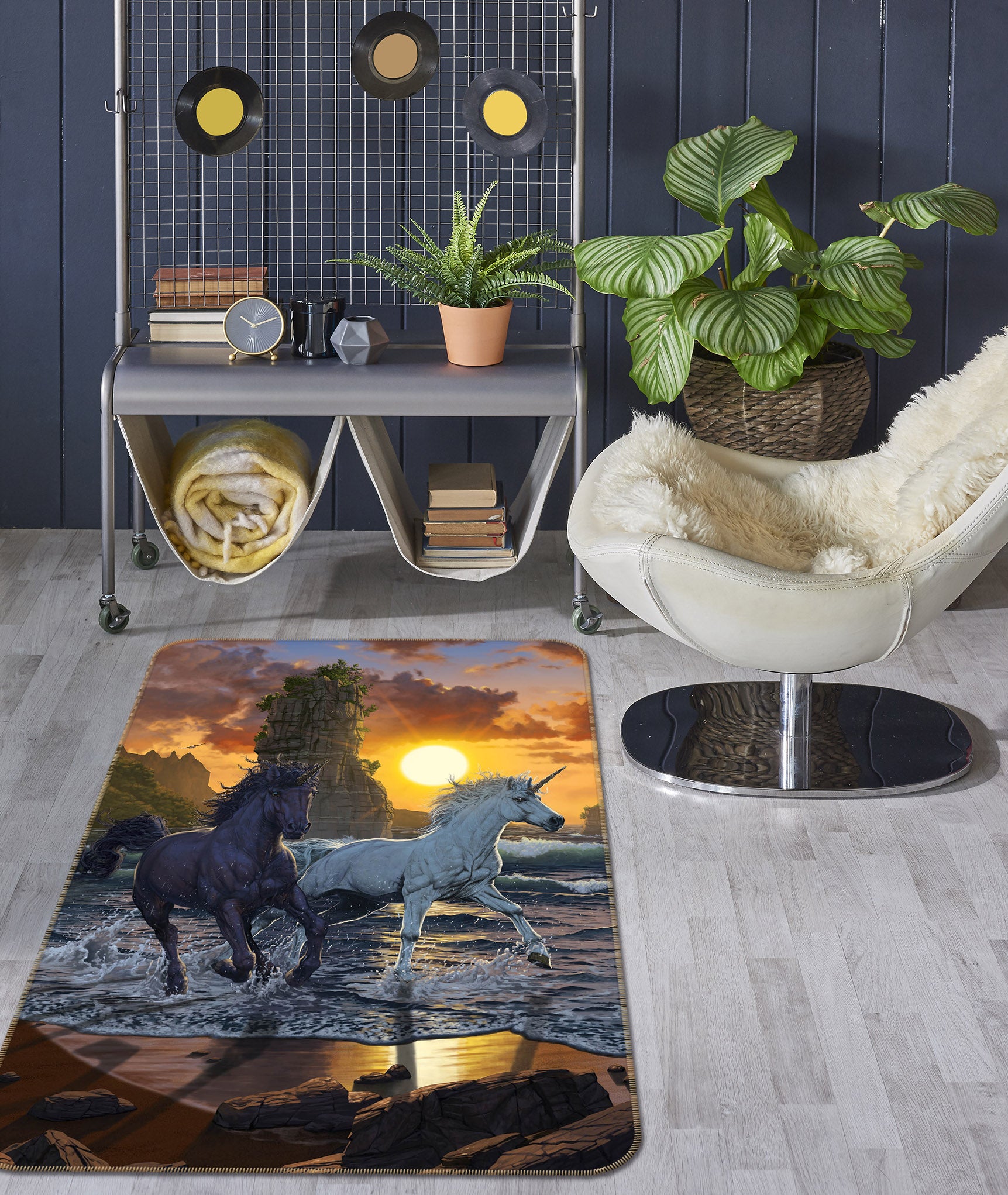 3D Seaside Black White Unicorn 84271 Vincent Hie Rug Non Slip Rug Mat