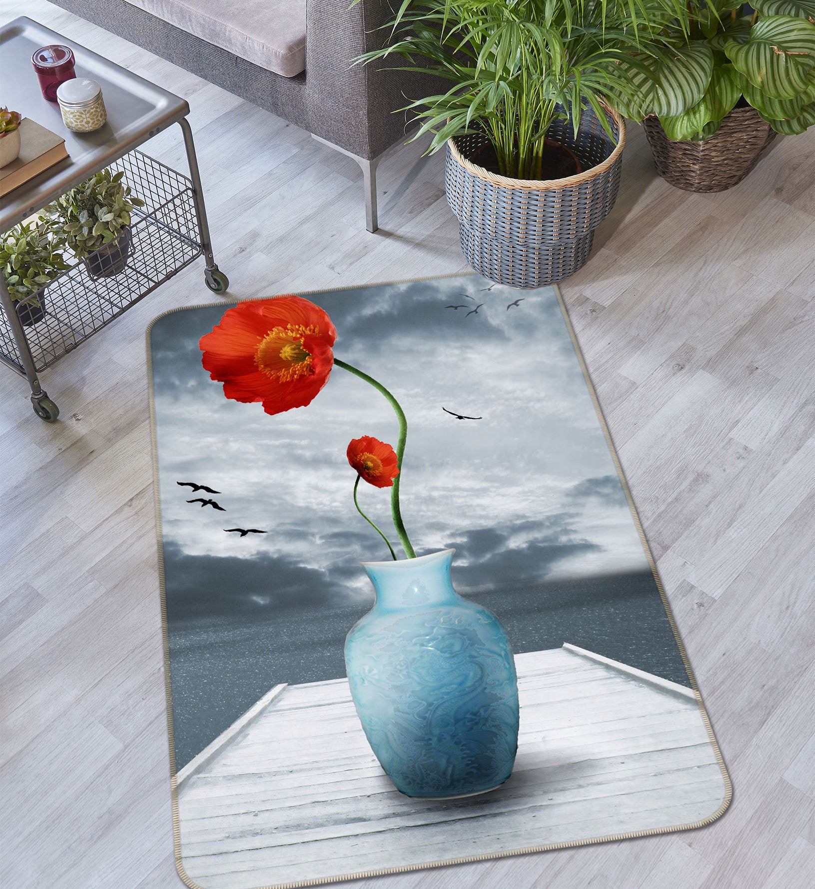3D Red Flower Vase 33206 Non Slip Rug Mat