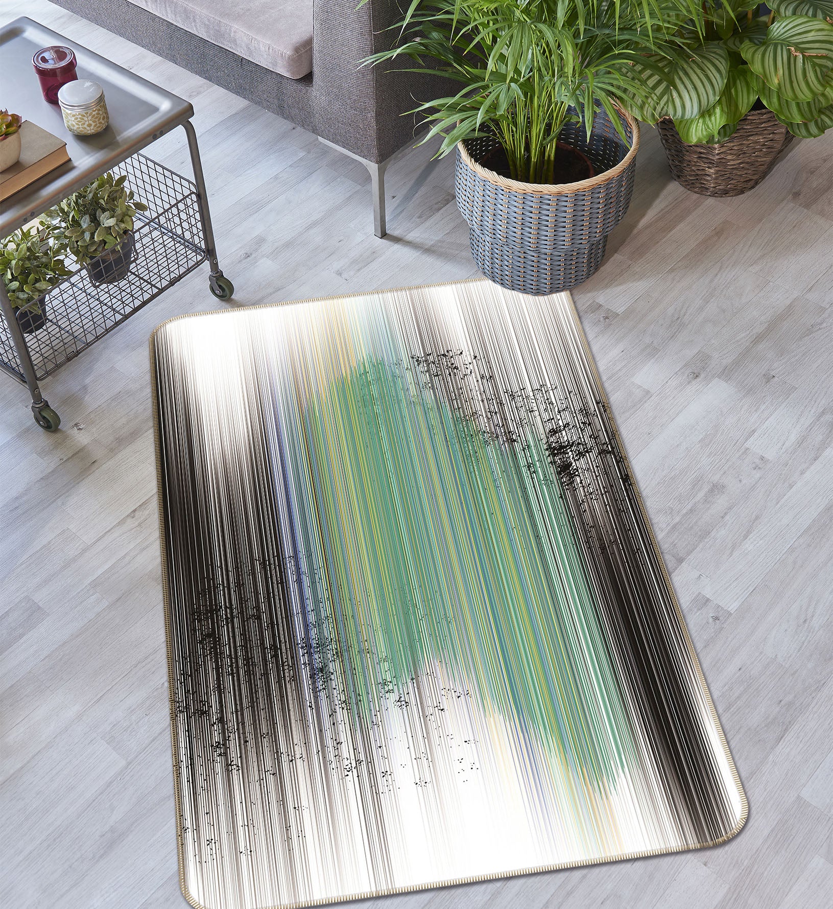 3D Green Black Vertical Stripes 28001 Non Slip Rug Mat