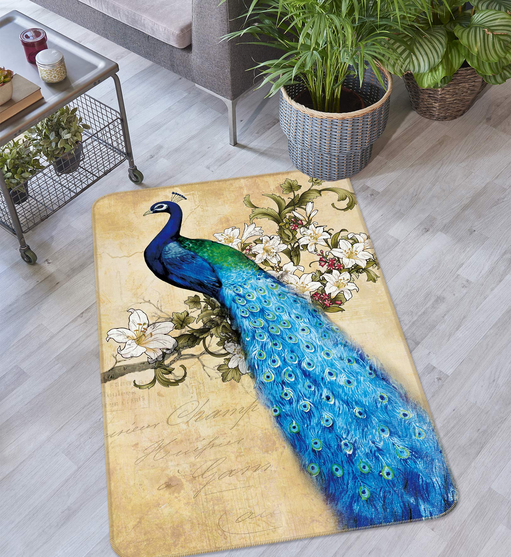 3D Blue Peacock 27027 Non Slip Rug Mat