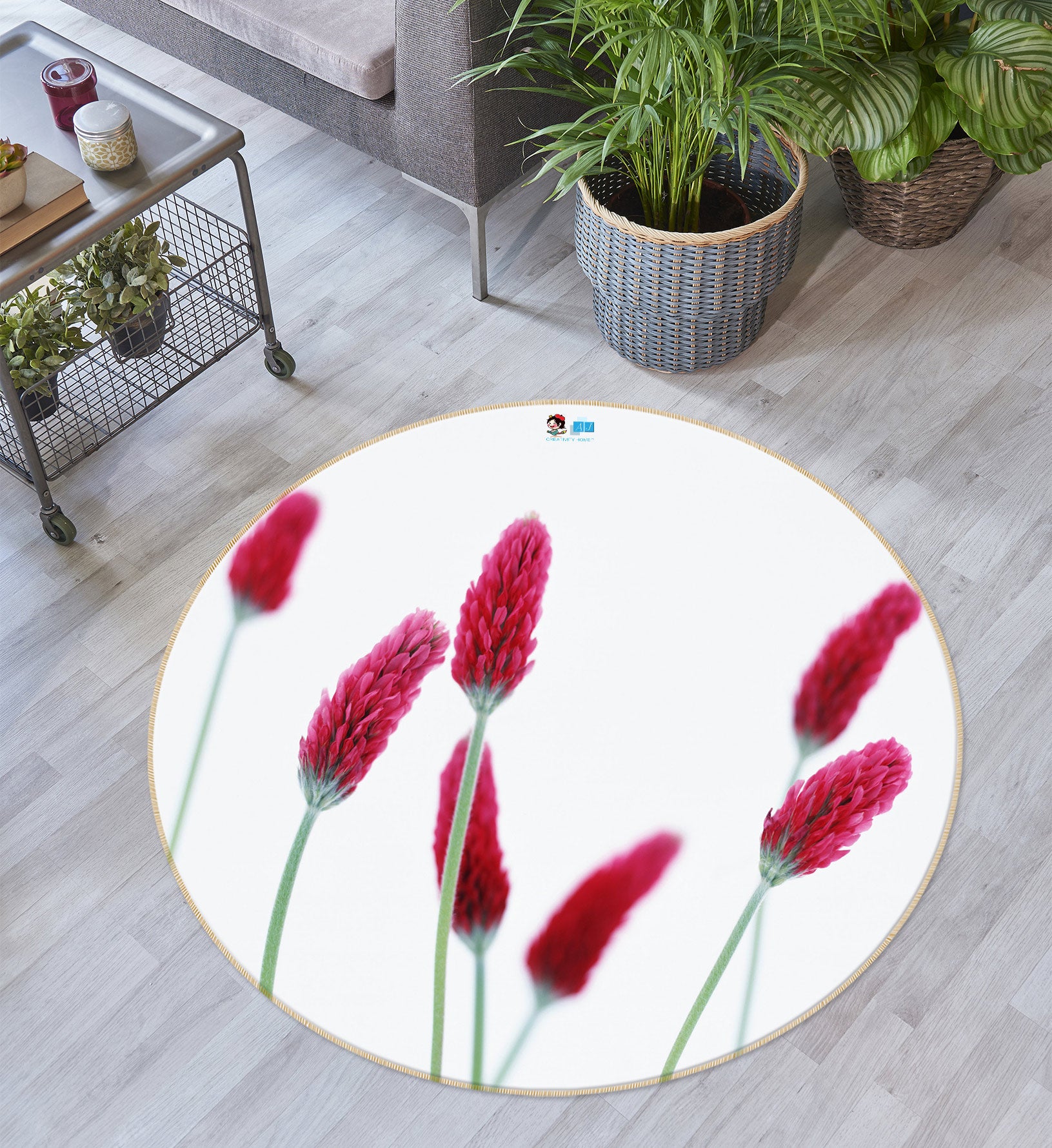 3D Red Flowers 72226 Round Non Slip Rug Mat