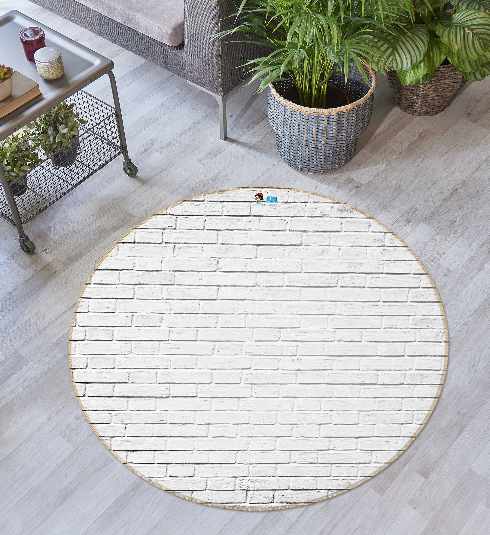3D White Brick Wall 74143 Round Non Slip Rug Mat
