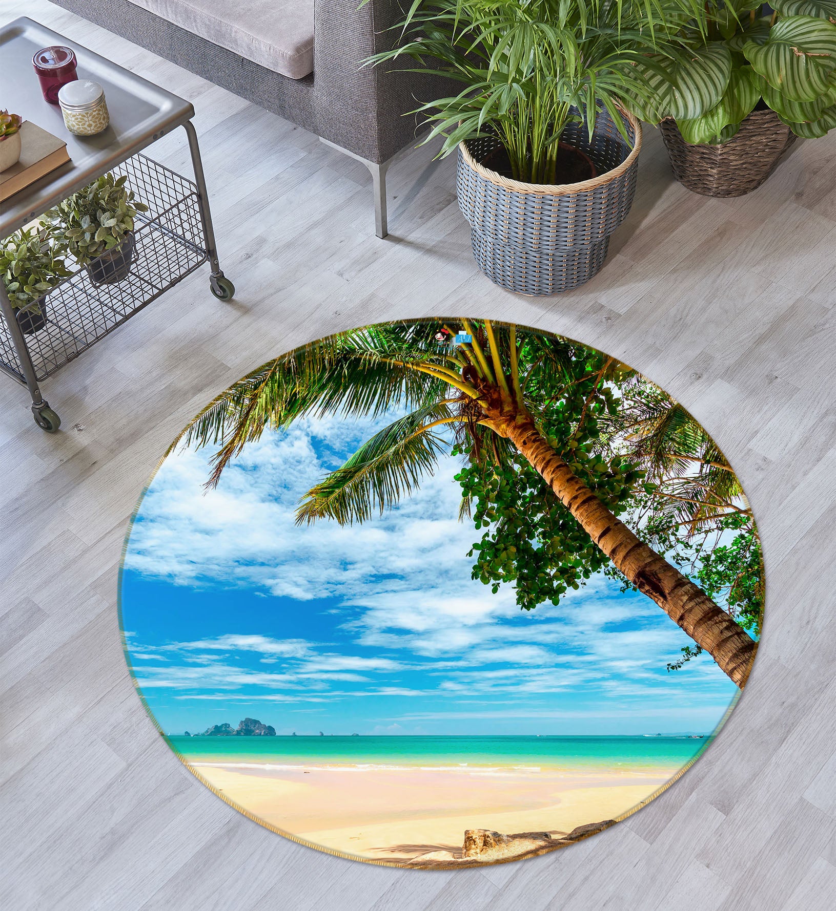 3D Seaside Coconut Tree 75064 Round Non Slip Rug Mat