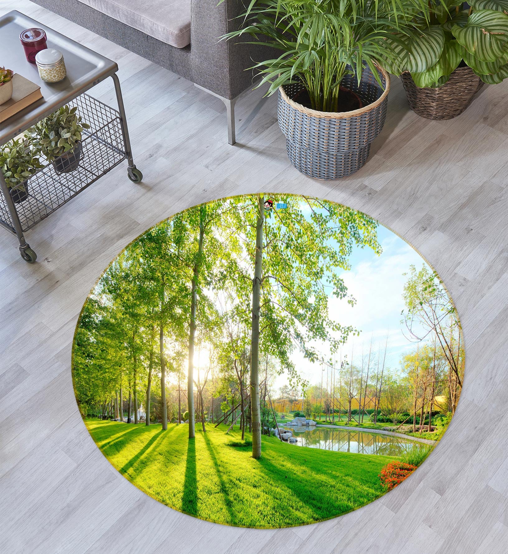 3D Trees Sunlight Grass 72266 Round Non Slip Rug Mat