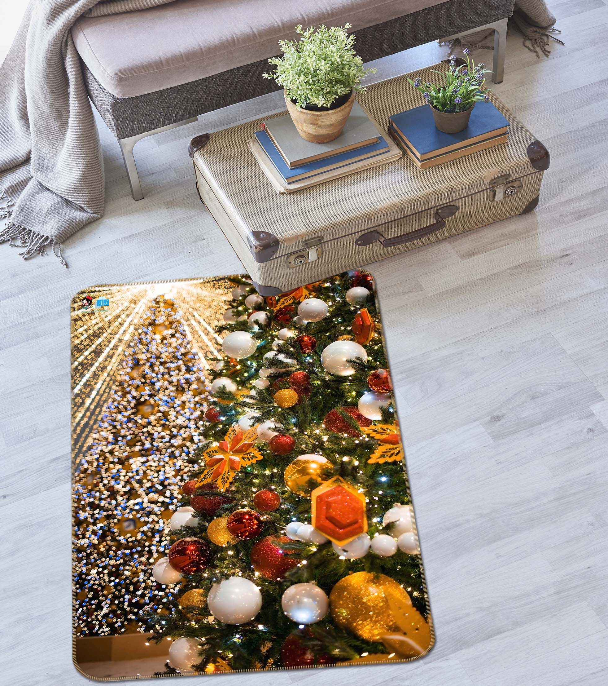 3D Tree Golden Ball 55155 Christmas Non Slip Rug Mat Xmas