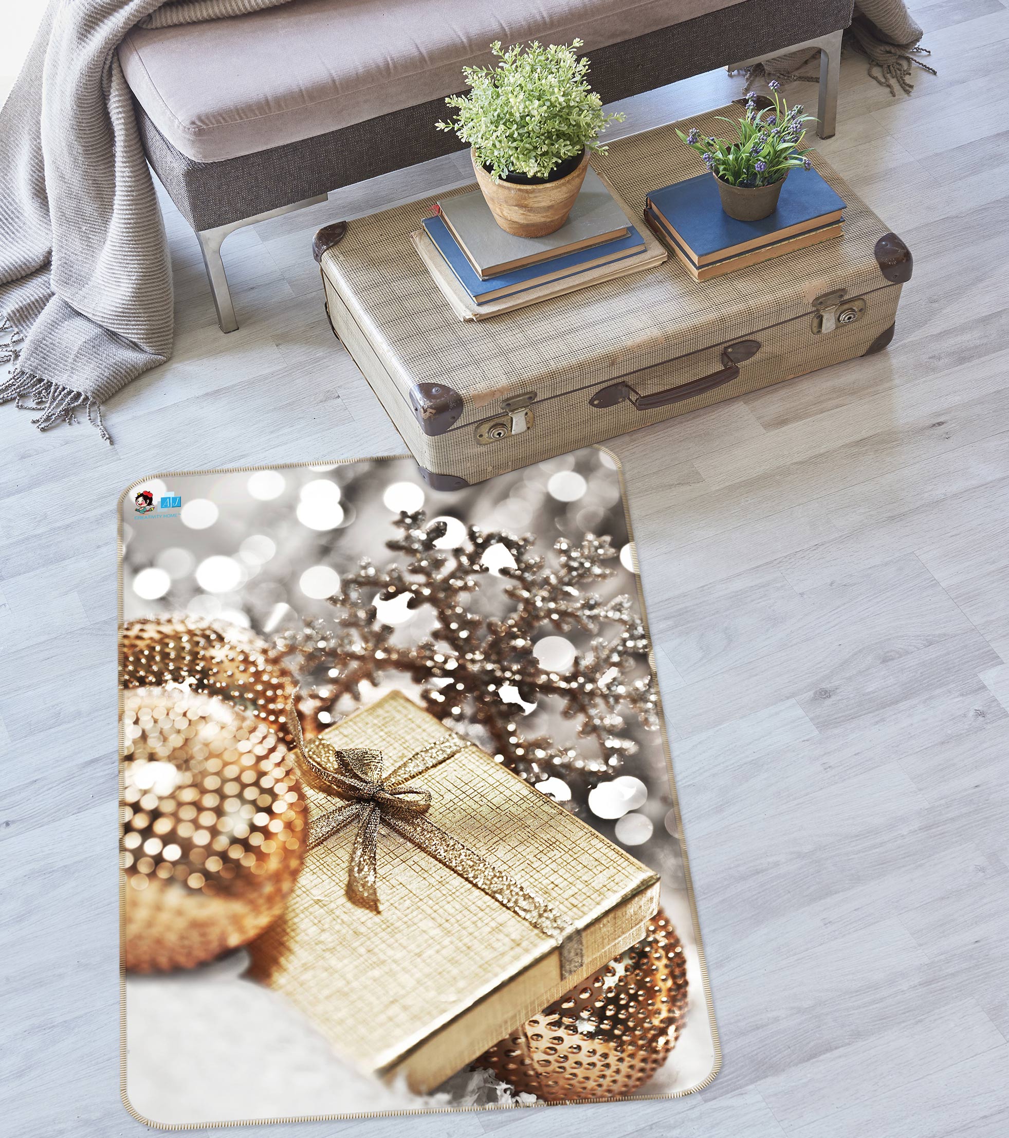 3D Golden Ball Gift Box 55032 Christmas Non Slip Rug Mat Xmas