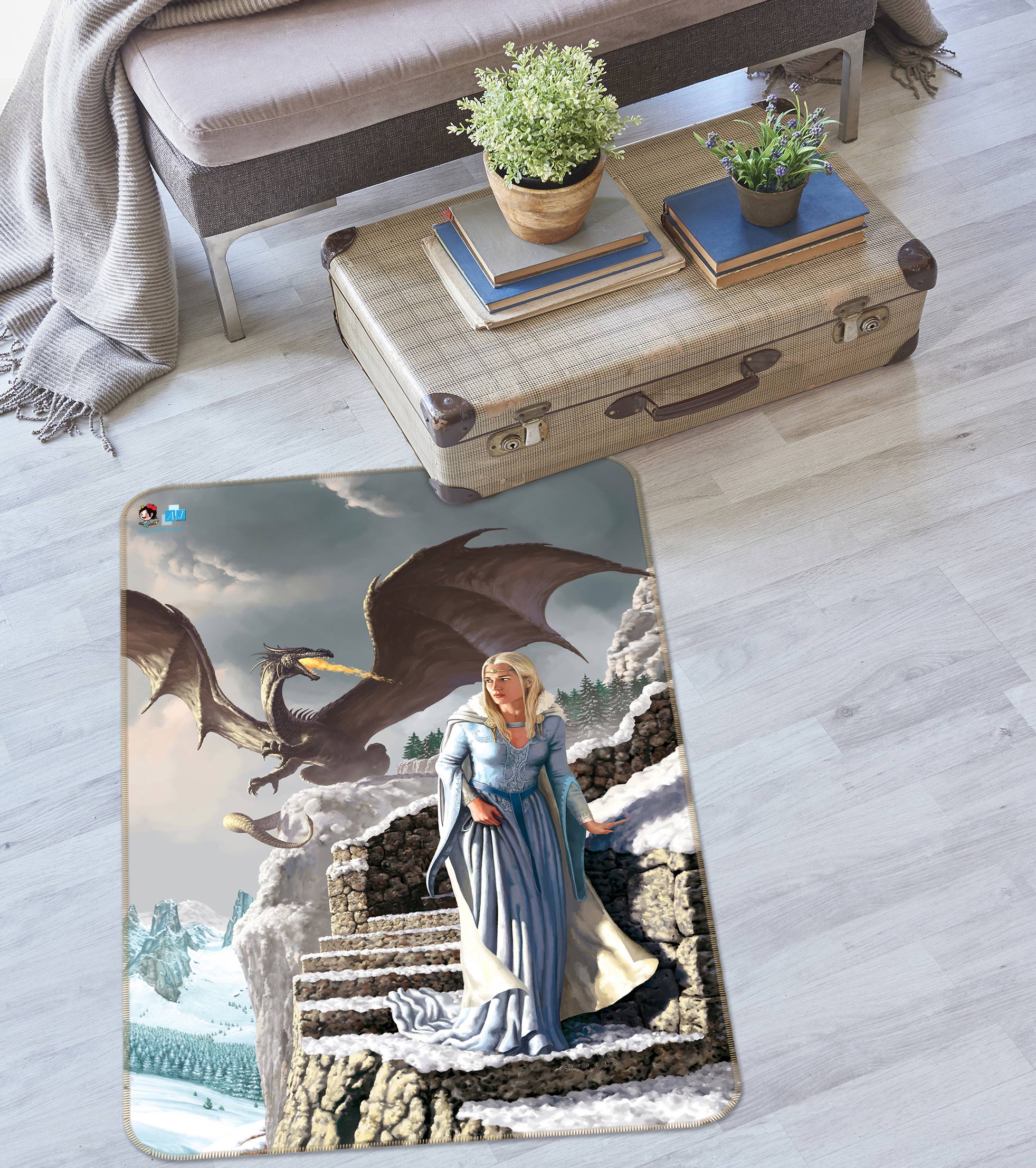 3D Dragon Stone Stairs People 6015 Ciruelo Rug Non Slip Rug Mat