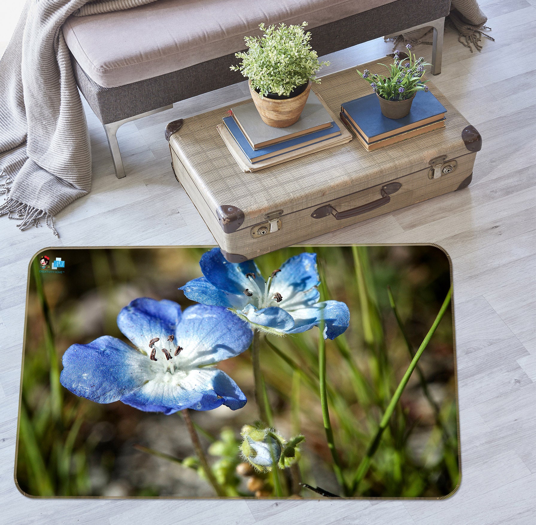 3D Blue Flowers 62036 Kathy Barefield Rug Non Slip Rug Mat