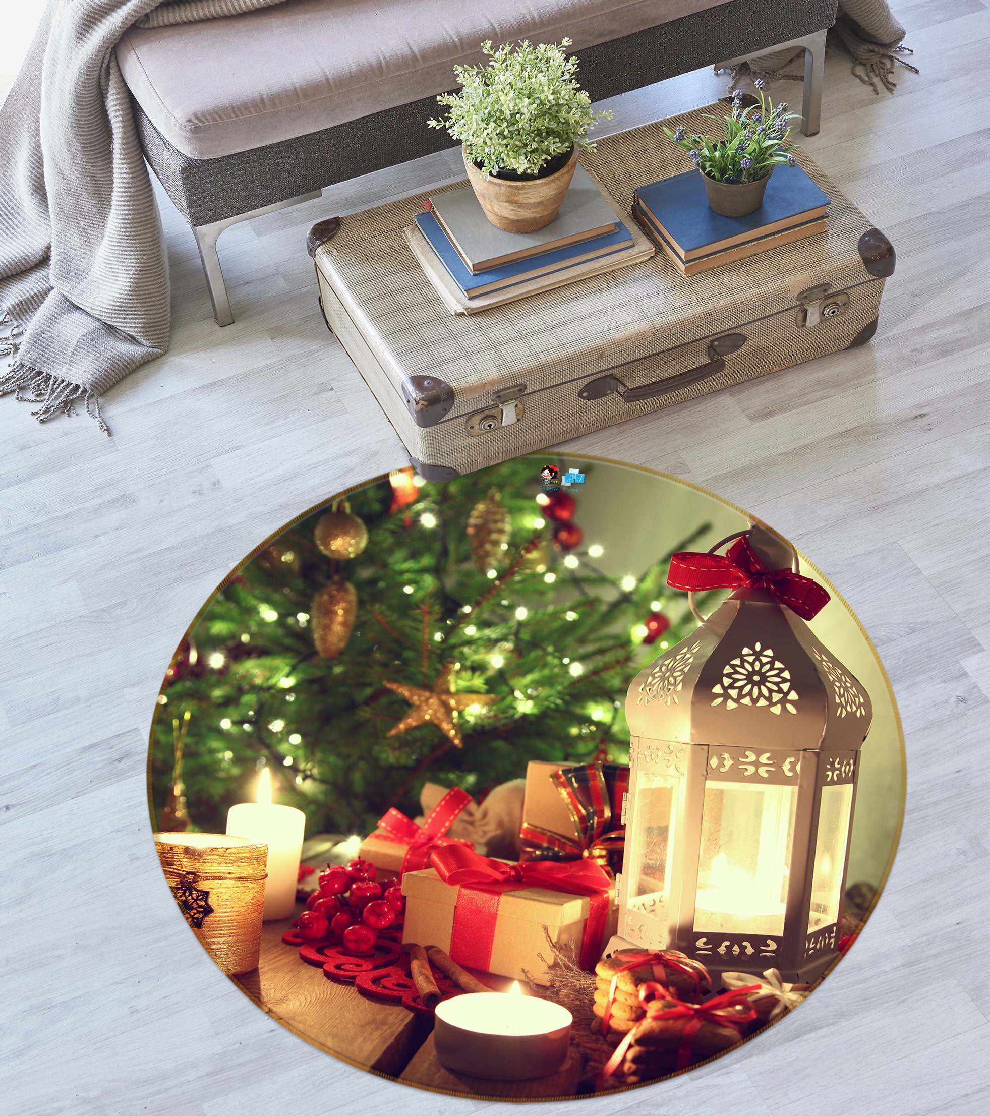 3D Candle Tree 54014 Christmas Round Non Slip Rug Mat Xmas