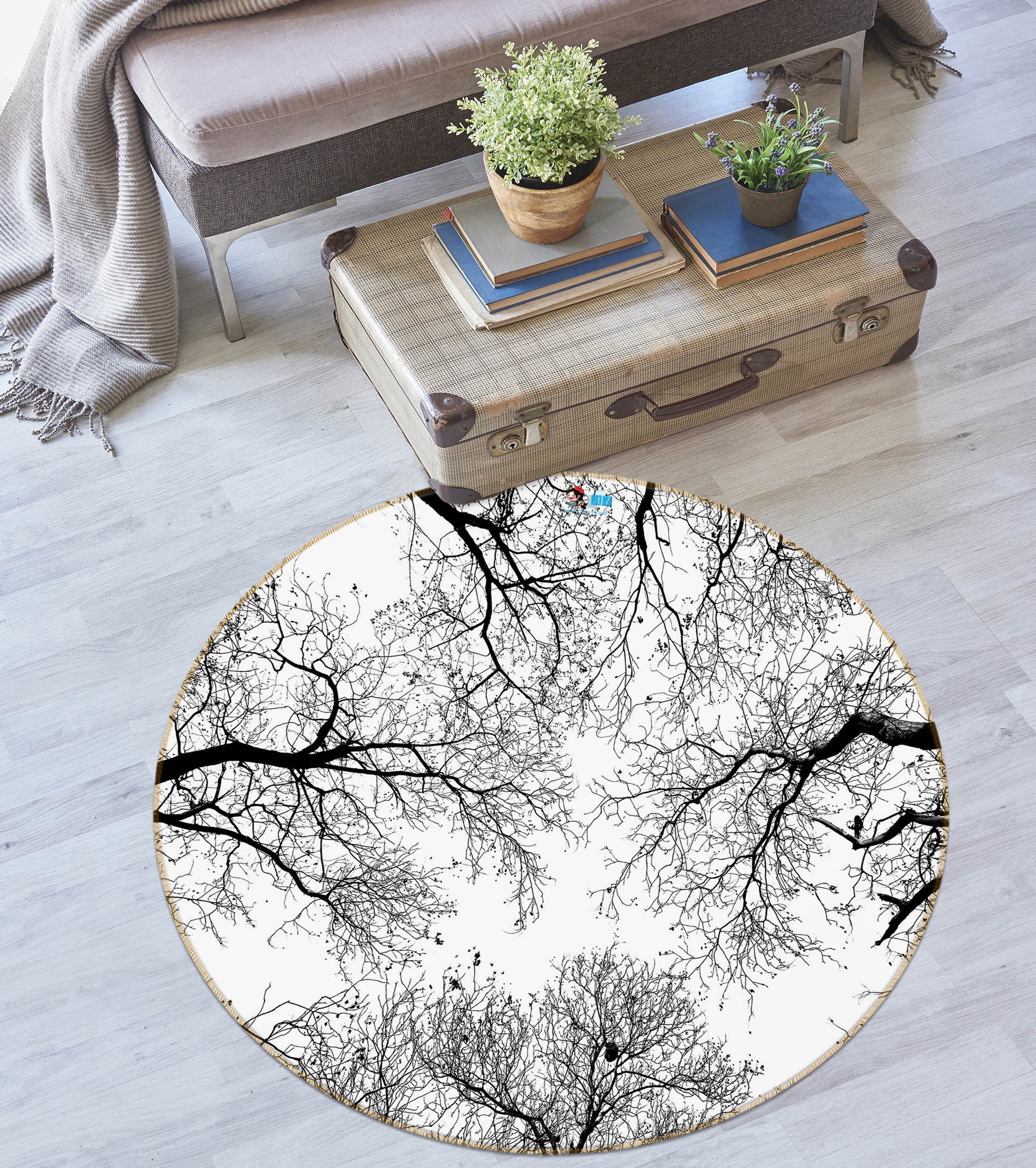 3D Black White Branches 74079 Round Non Slip Rug Mat