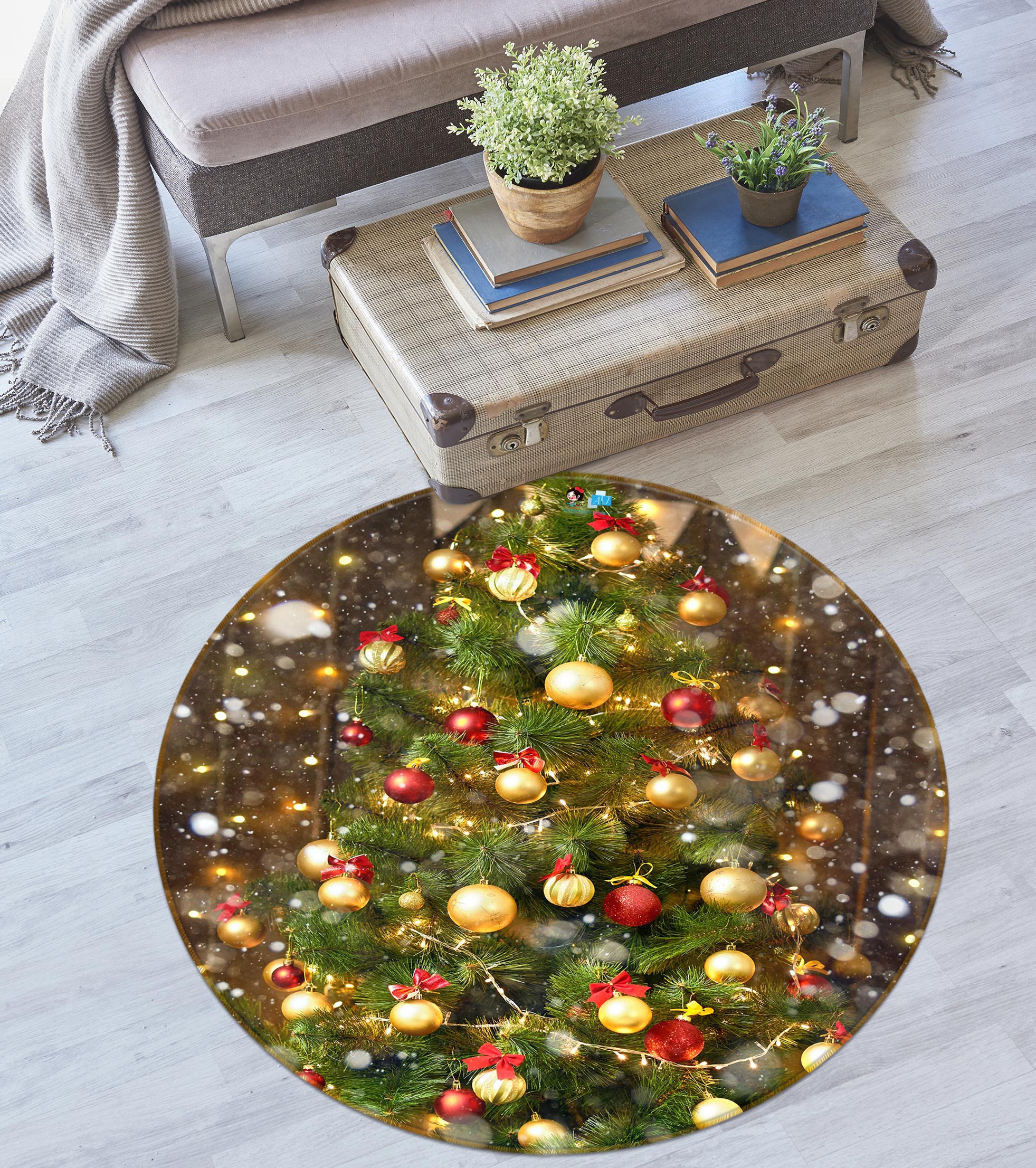 3D Tree Ball 54070 Christmas Round Non Slip Rug Mat Xmas