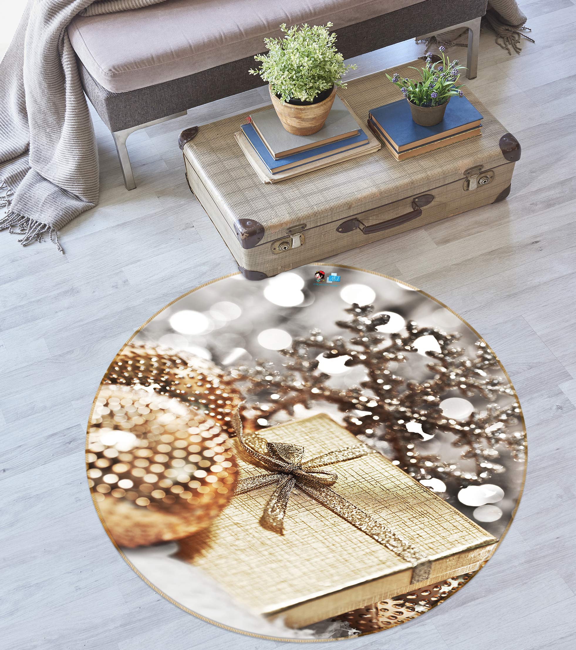 3D Gift Box Golden Ball 54005 Christmas Round Non Slip Rug Mat Xmas