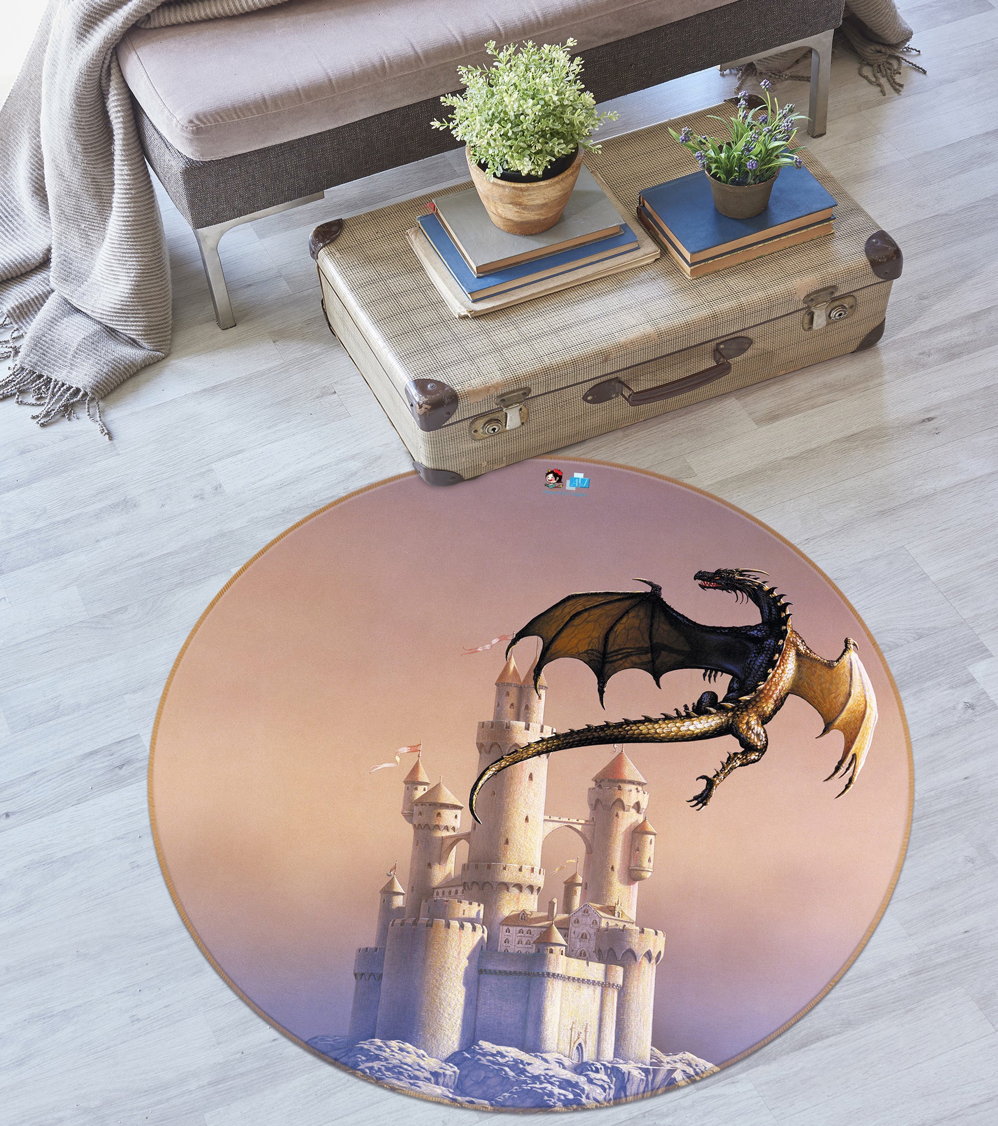 3D White Castle Dragon 6060 Ciruelo Rug Round Non Slip Rug Mat