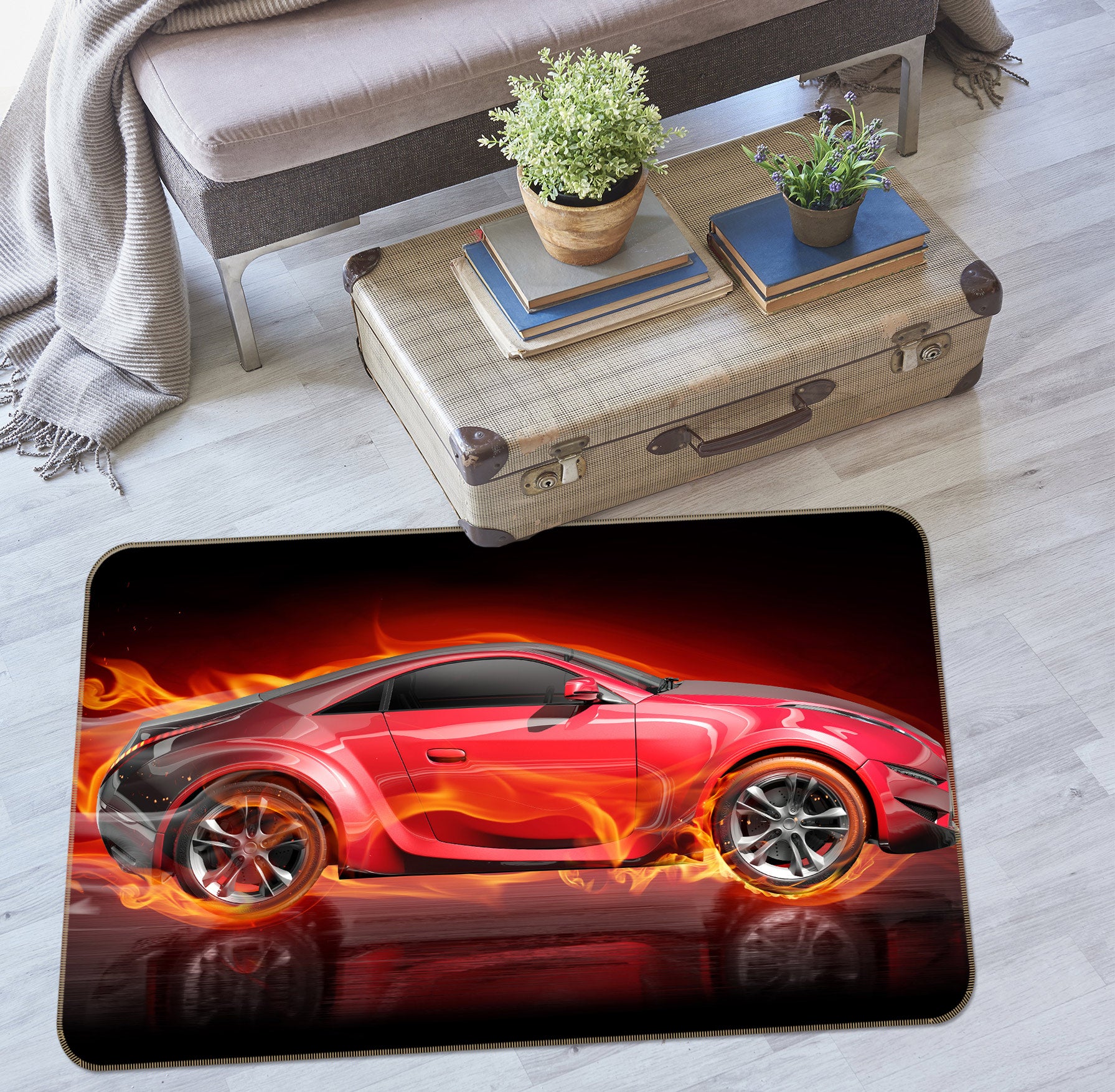 3D Red Flame Sports Car 67179 Vehicle Non Slip Rug Mat