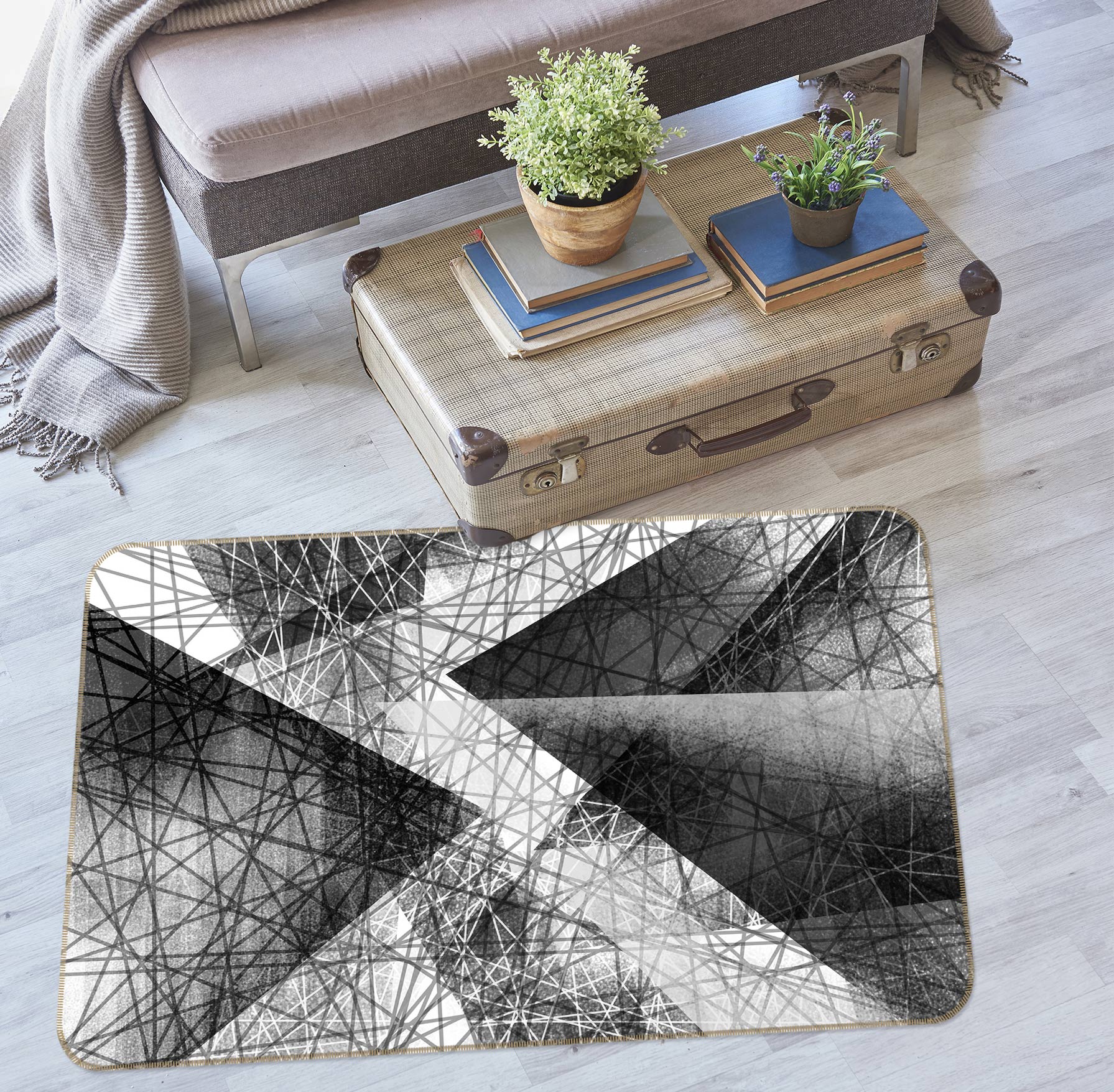 3D Black White Triangle Pattern 77041 Non Slip Rug Mat