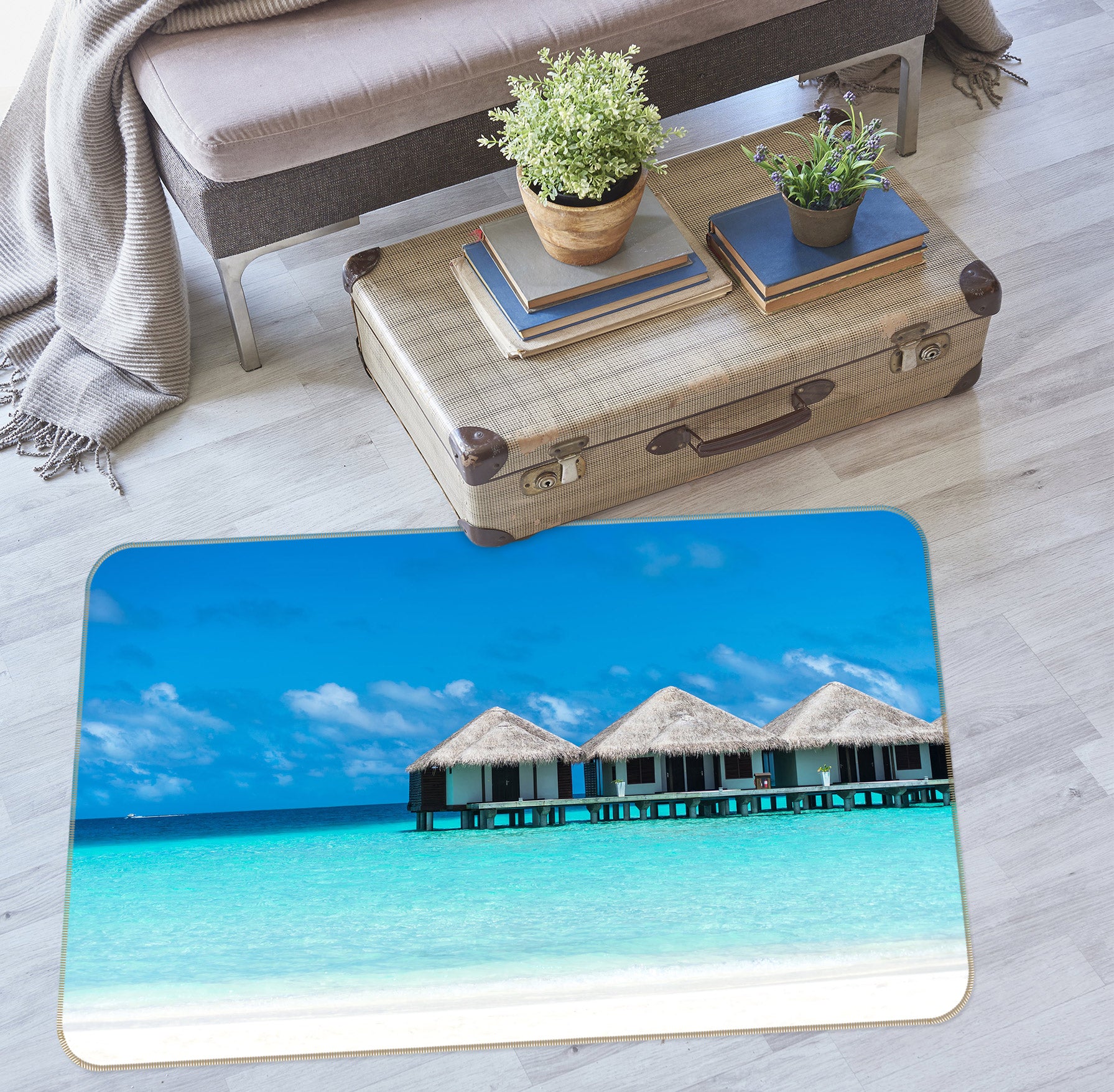 3D Sea Thatched Cottage 77101 Non Slip Rug Mat