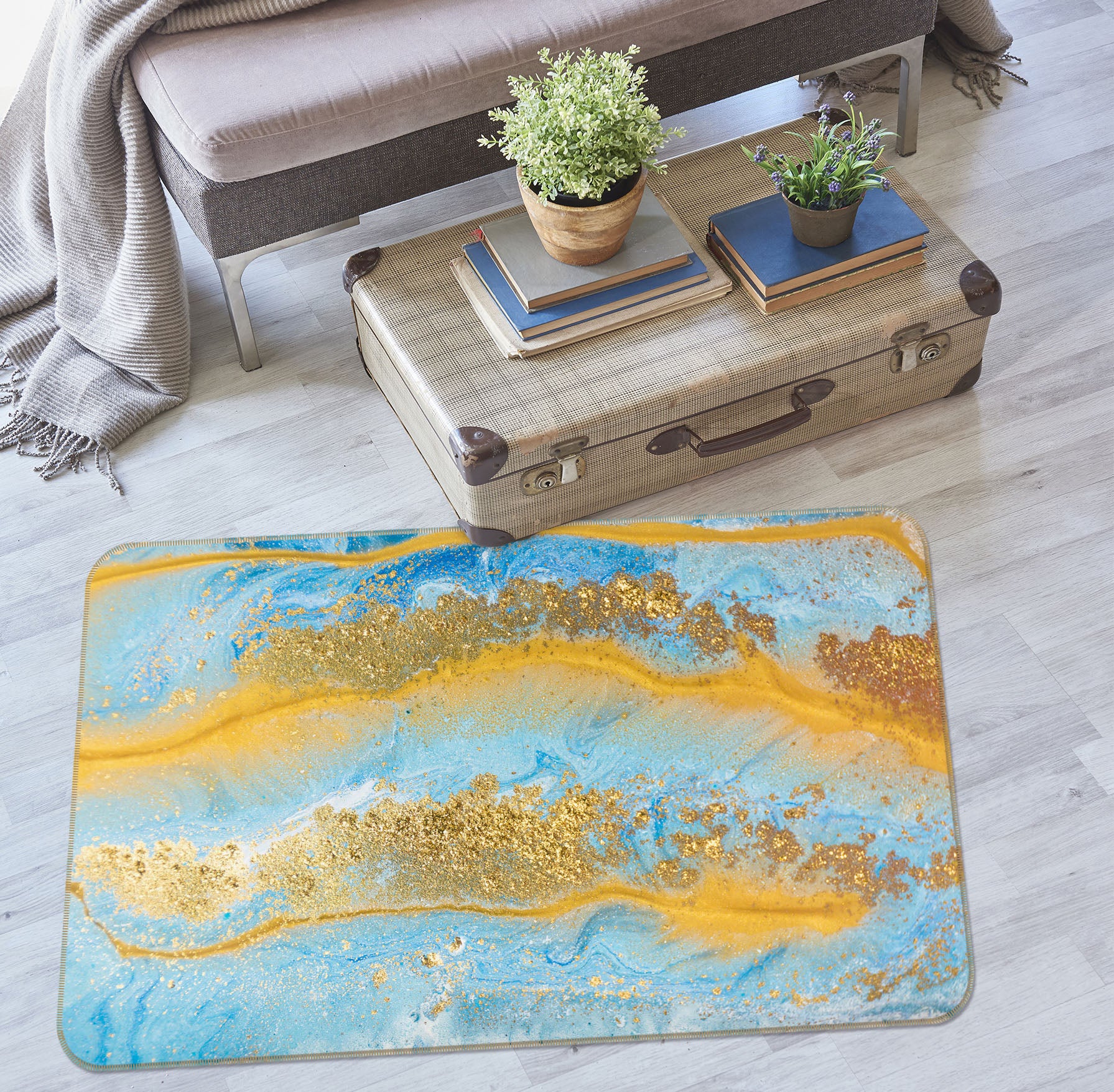 3D Golden Light Blue Texture 31015 Non Slip Rug Mat