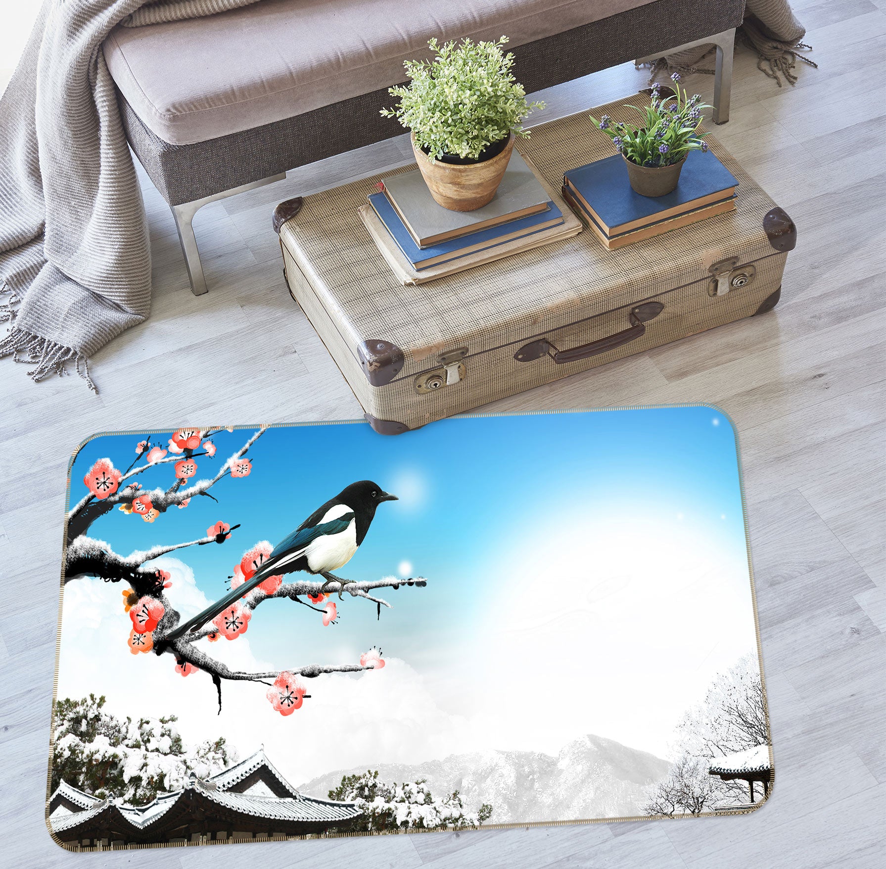 3D Flower Branch Bird 76020 Non Slip Rug Mat
