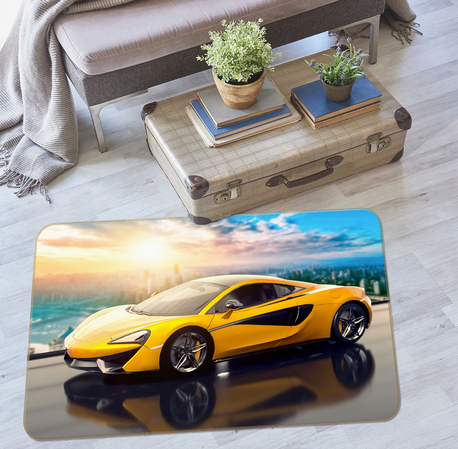 3D Yellow Sports Car 42094 Vehicle Non Slip Rug Mat