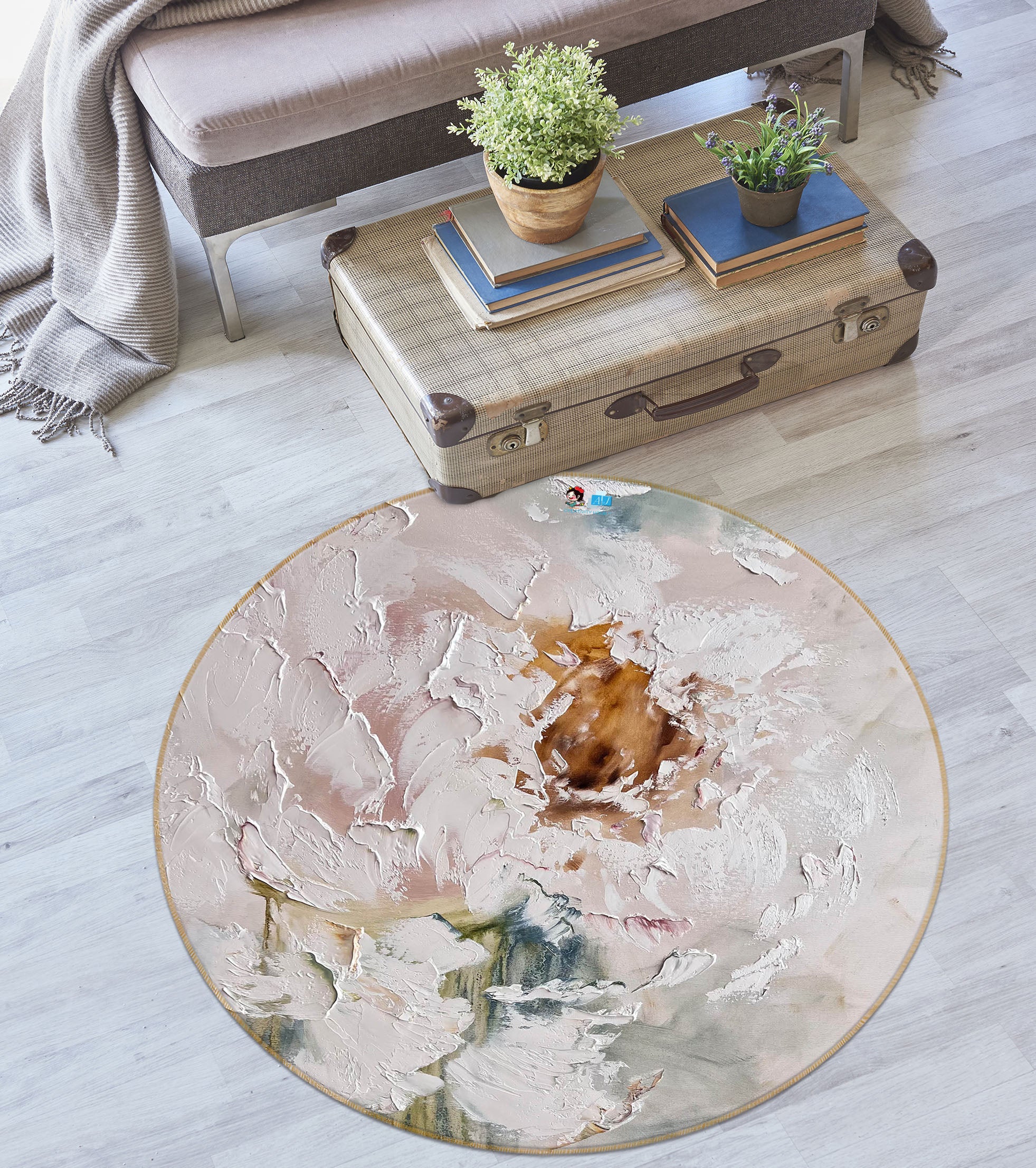 3D White Flower 4054 Skromova Marina Rug Round Non Slip Rug Mat