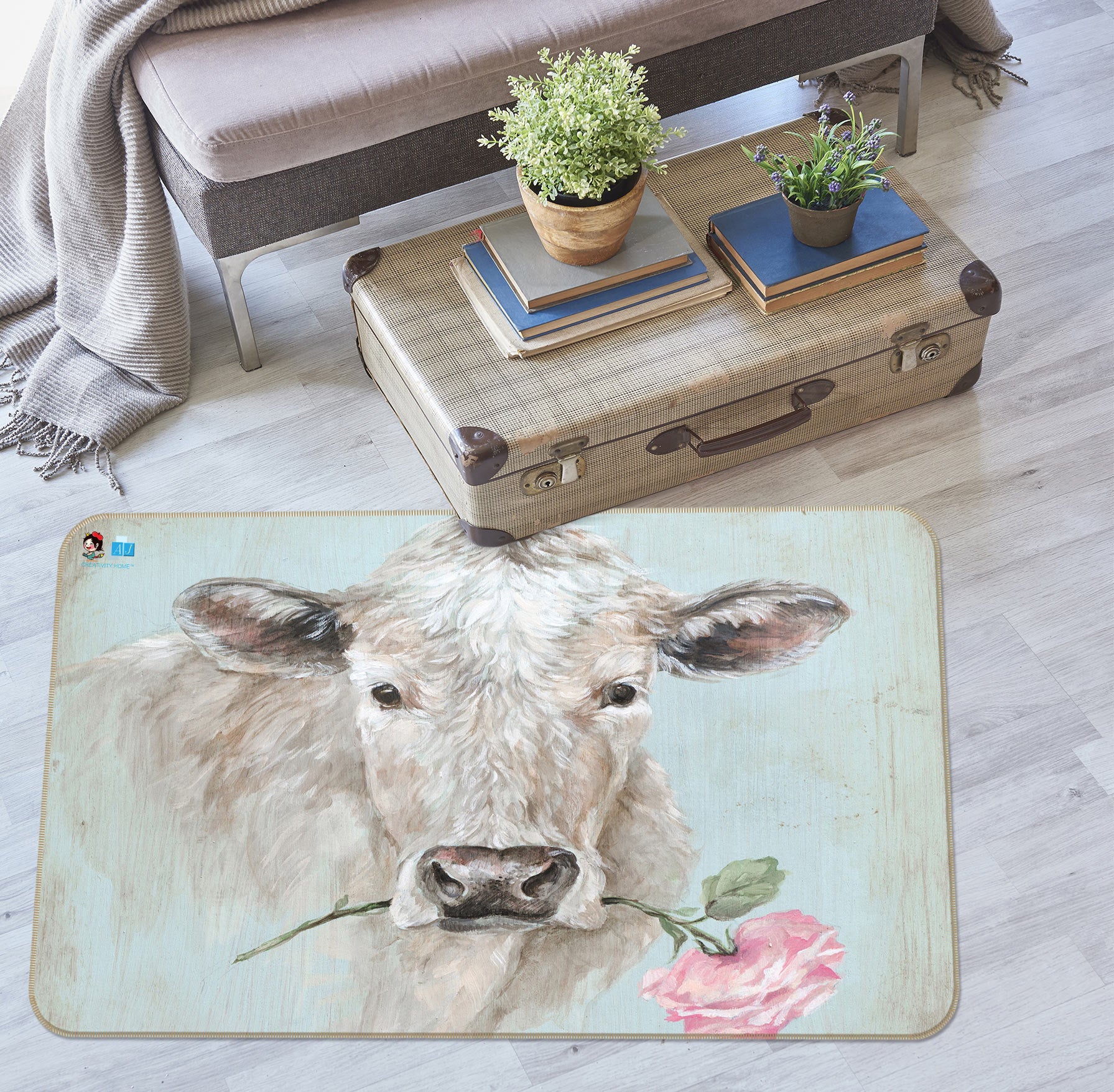 3D Cow With Flower 1028 Debi Coules Rug Non Slip Rug Mat