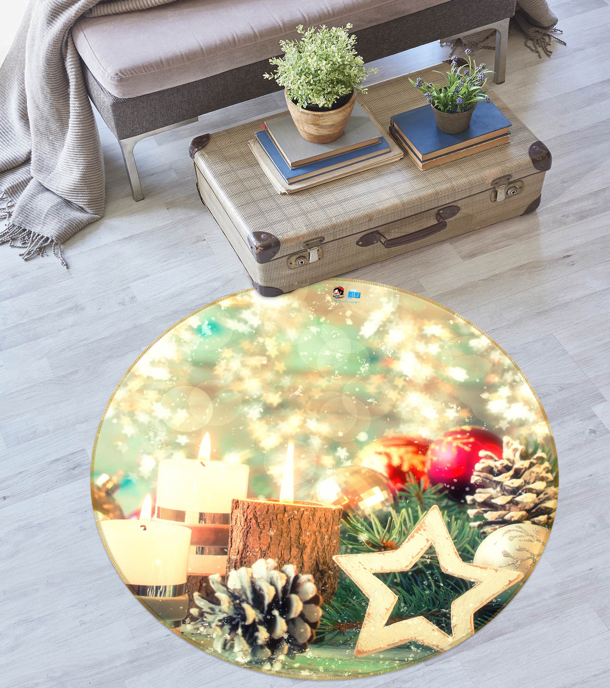 3D Pineta Five-Pointed Star 54022 Christmas Round Non Slip Rug Mat Xmas