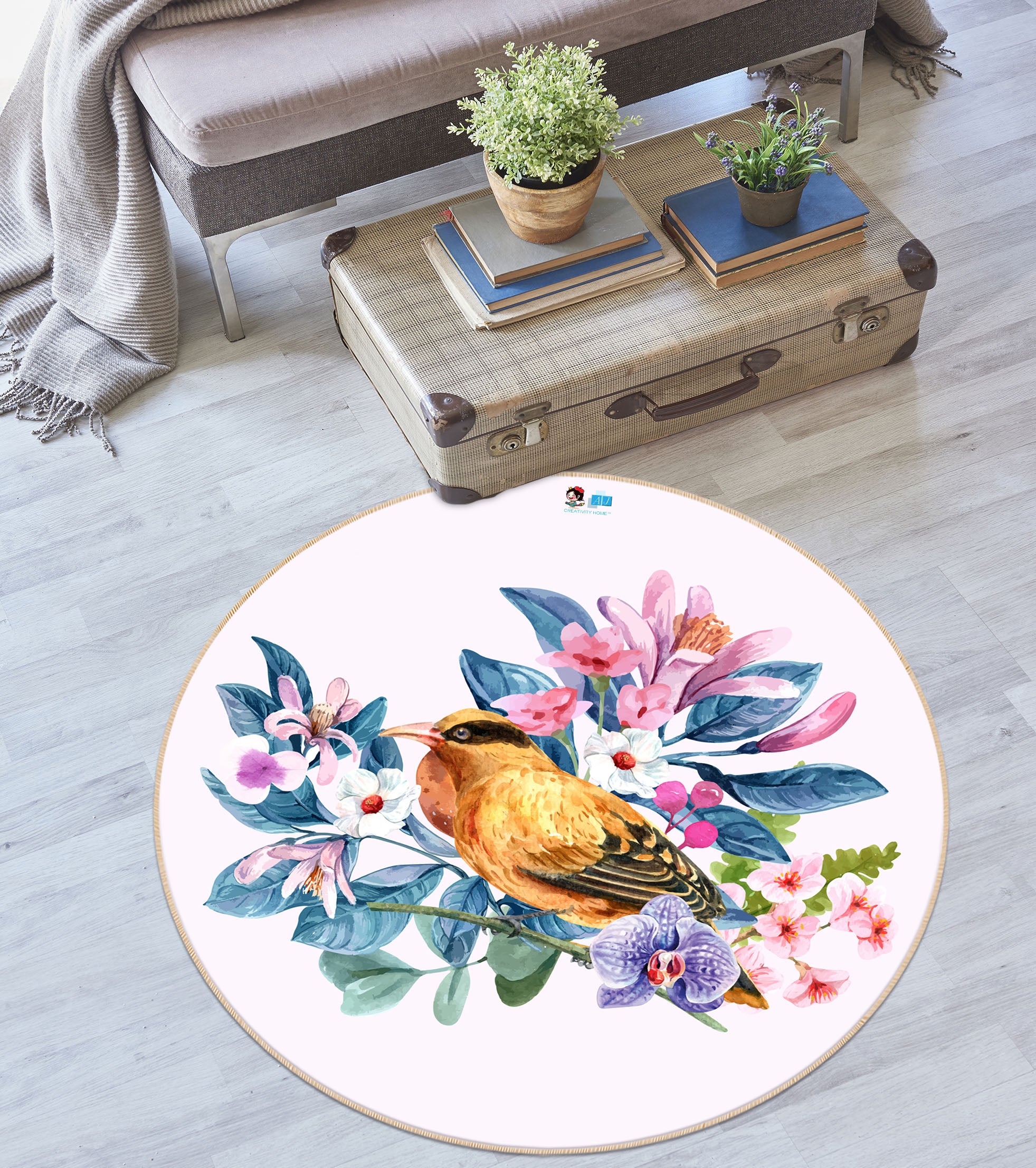 3D Flowers Bird 74238 Round Non Slip Rug Mat