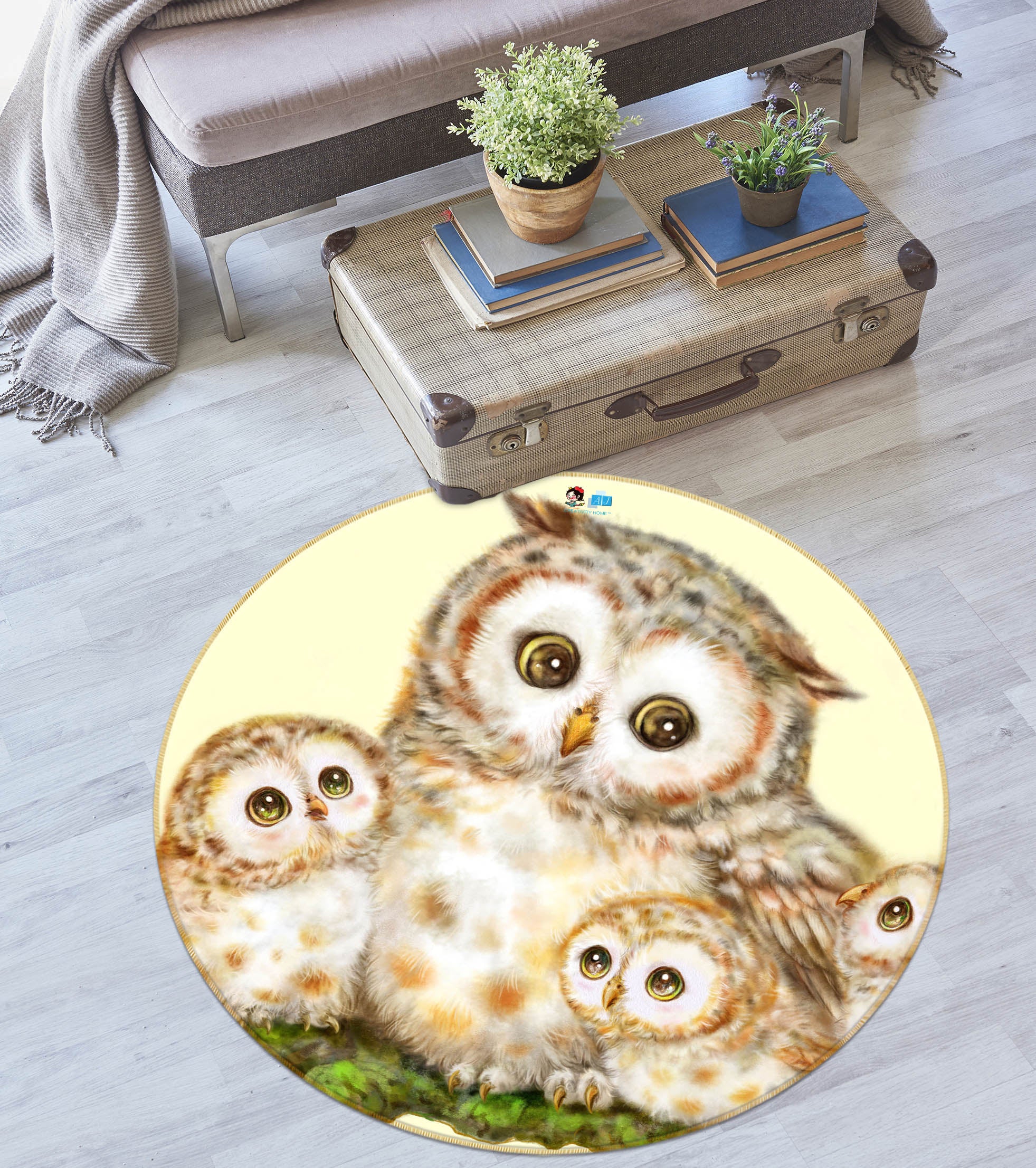 3D Cute Owl Moon 6039 Kayomi Harai Rug Round Non Slip Rug Mat