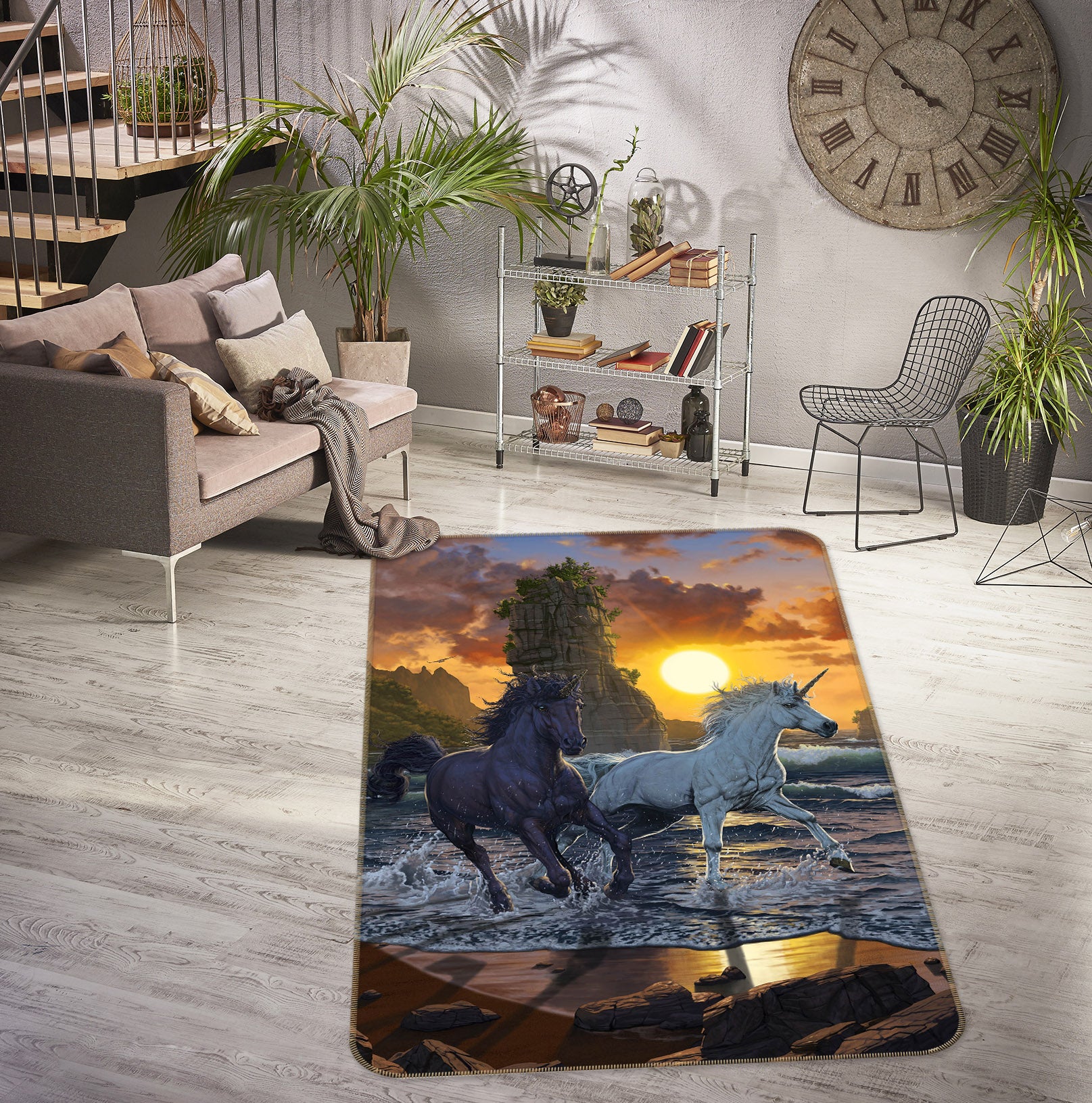 3D Seaside Black White Unicorn 84271 Vincent Hie Rug Non Slip Rug Mat