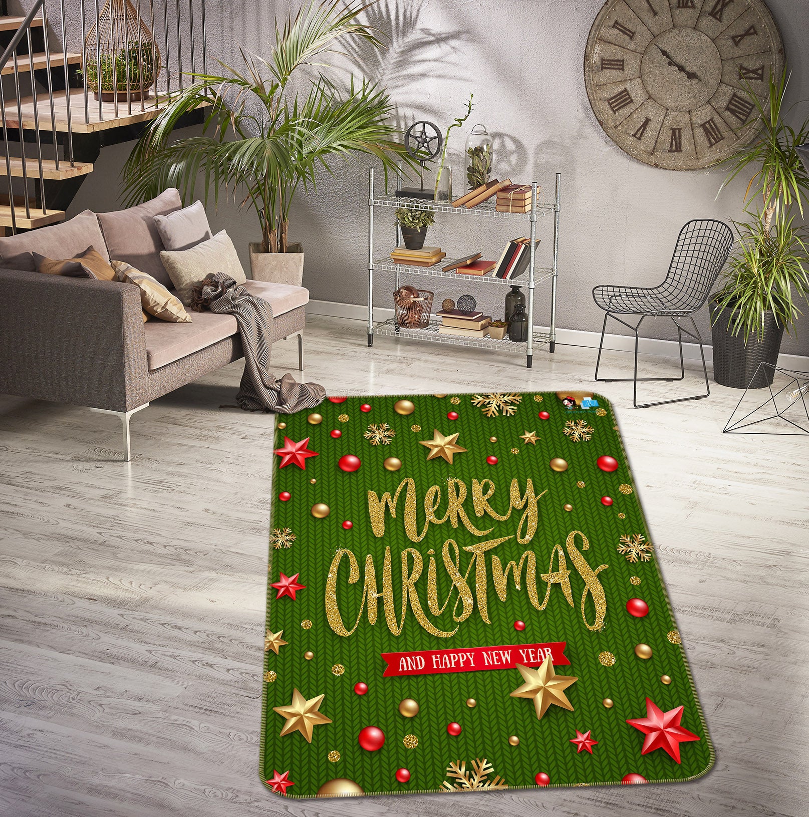 3D Green Background Star 55145 Christmas Non Slip Rug Mat Xmas