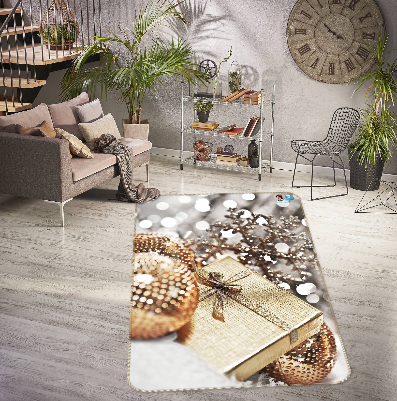 3D Golden Ball Gift Box 55032 Christmas Non Slip Rug Mat Xmas
