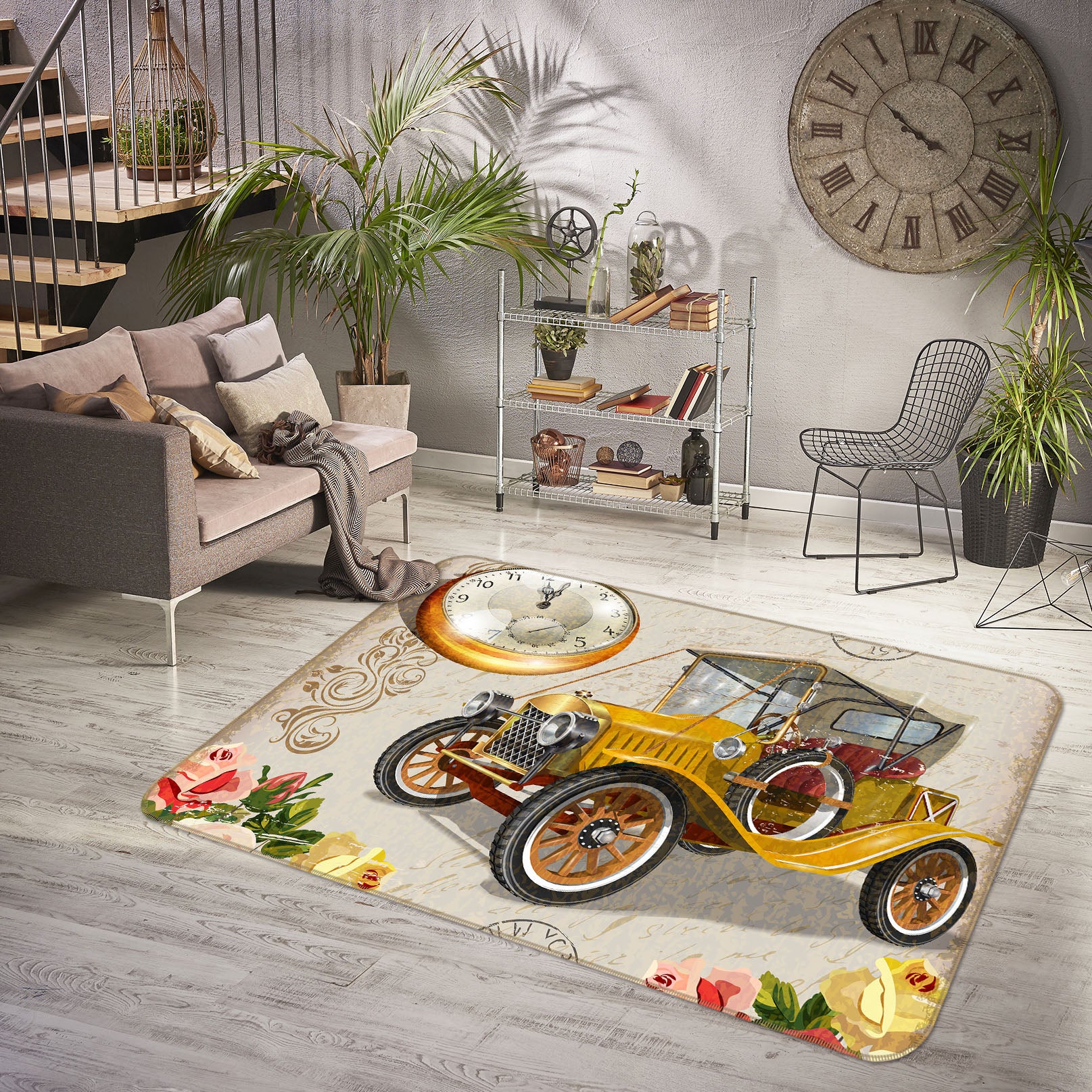 3D Yellow Clock Classic Car 68070 Vehicle Non Slip Rug Mat