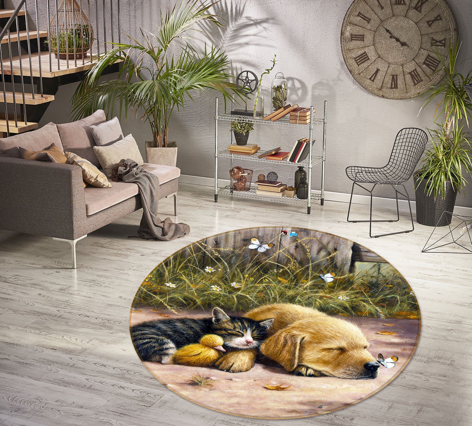 3D Cat Dog Butterfly 033 Kevin Walsh Rug Round Non Slip Rug Mat