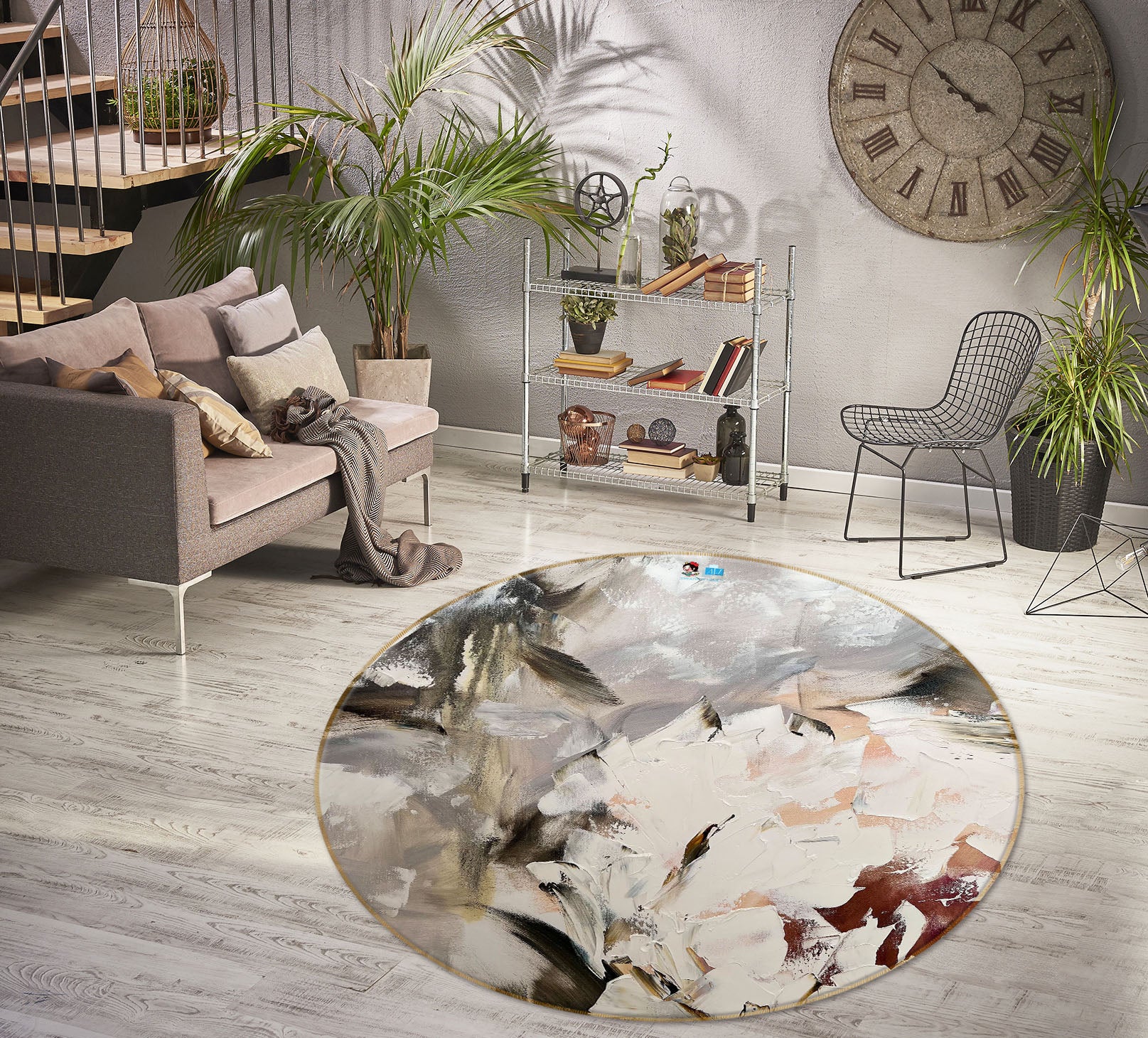 3D White Flower 3904 Skromova Marina Rug Round Non Slip Rug Mat