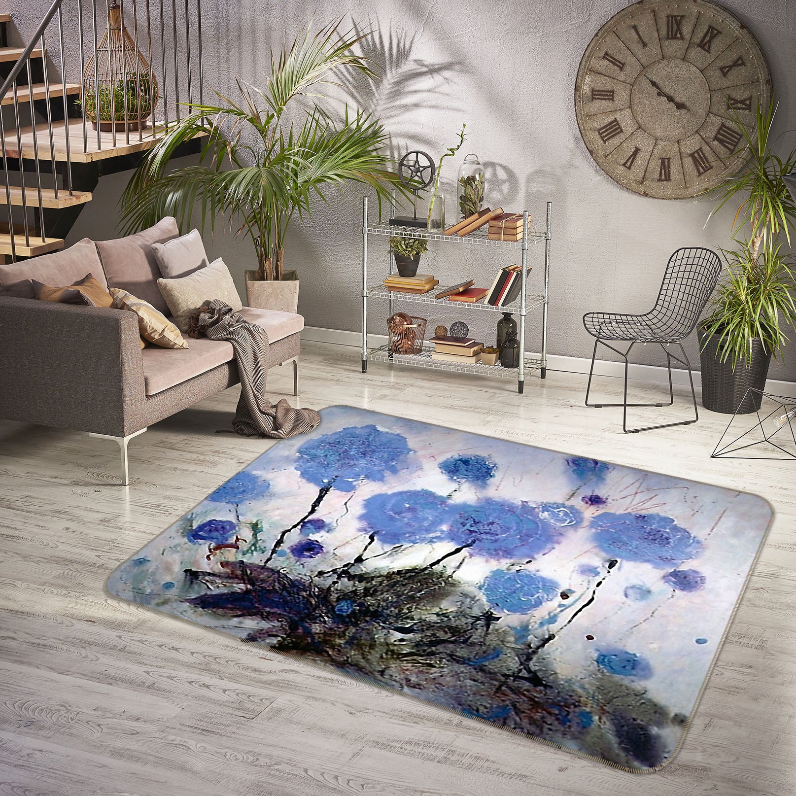 3D Blue Flowers 33125 Non Slip Rug Mat