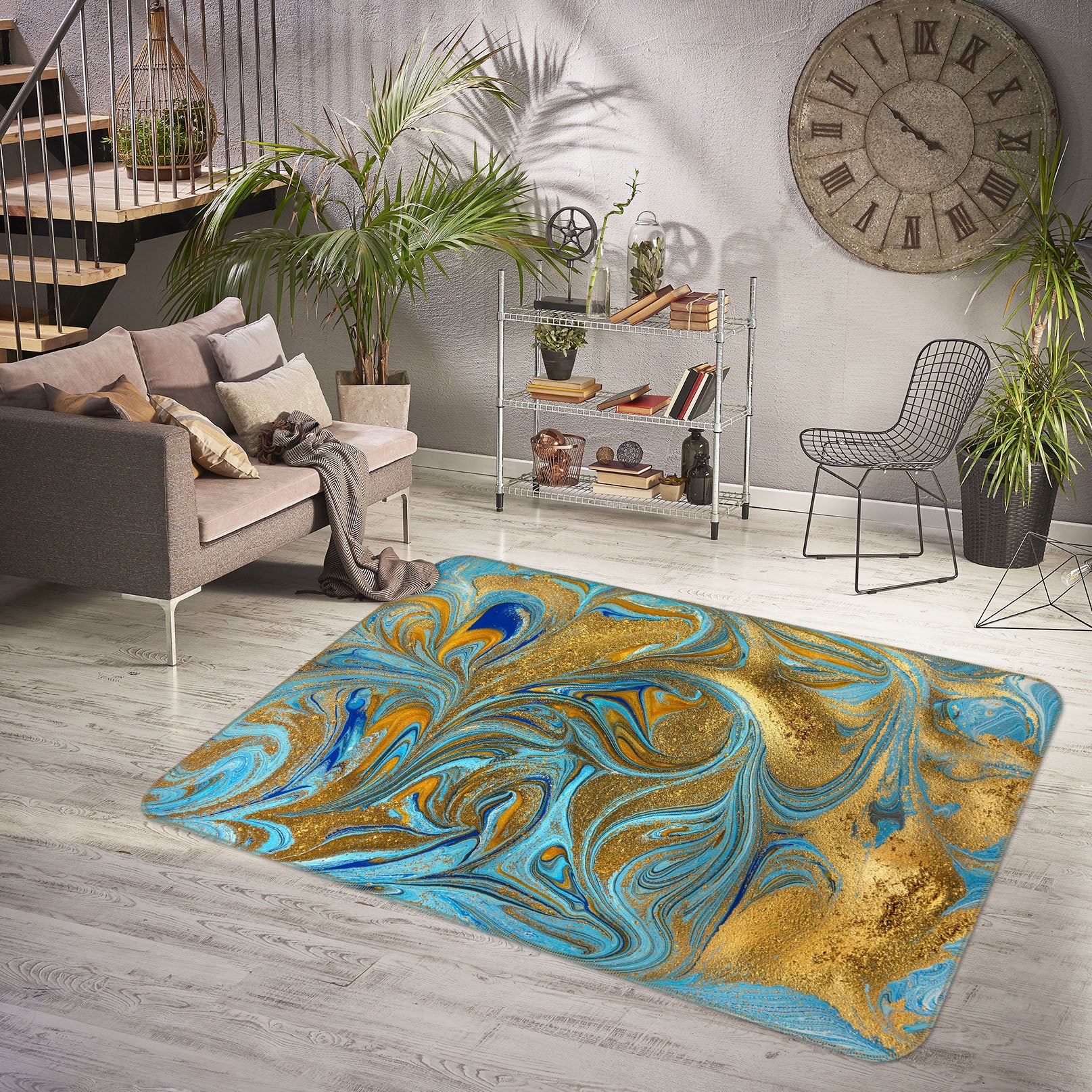 3D Gold Blue Texture 31006 Non Slip Rug Mat