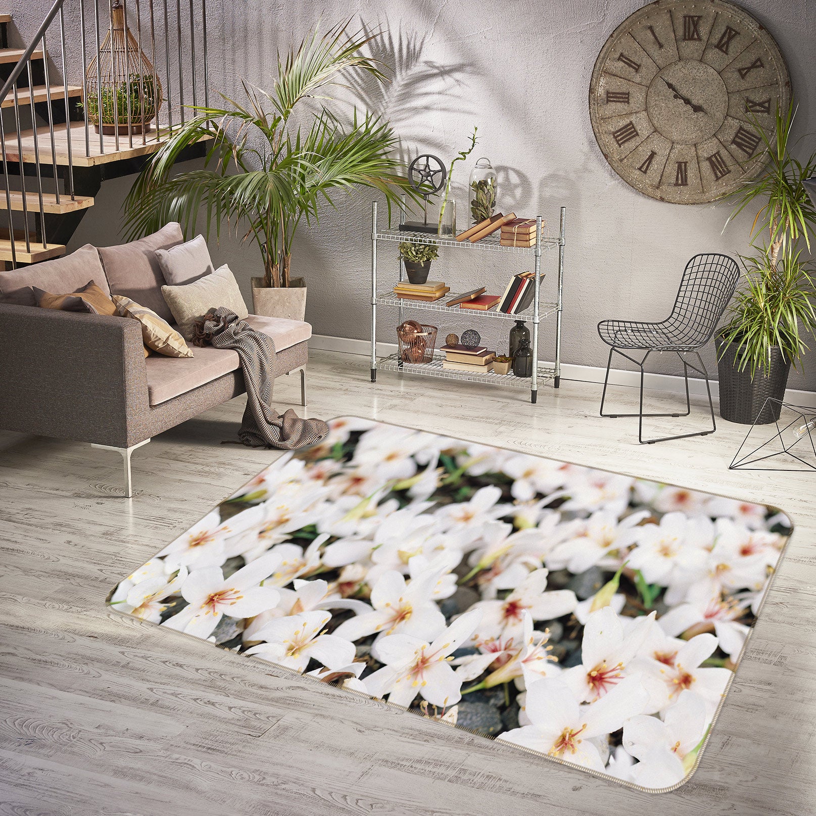 3D White Flowers 75264 Non Slip Rug Mat