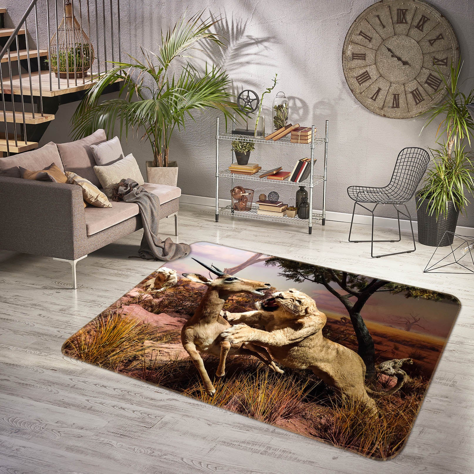 3D Lion Hunting Antelope 68216 Animal Non Slip Rug Mat