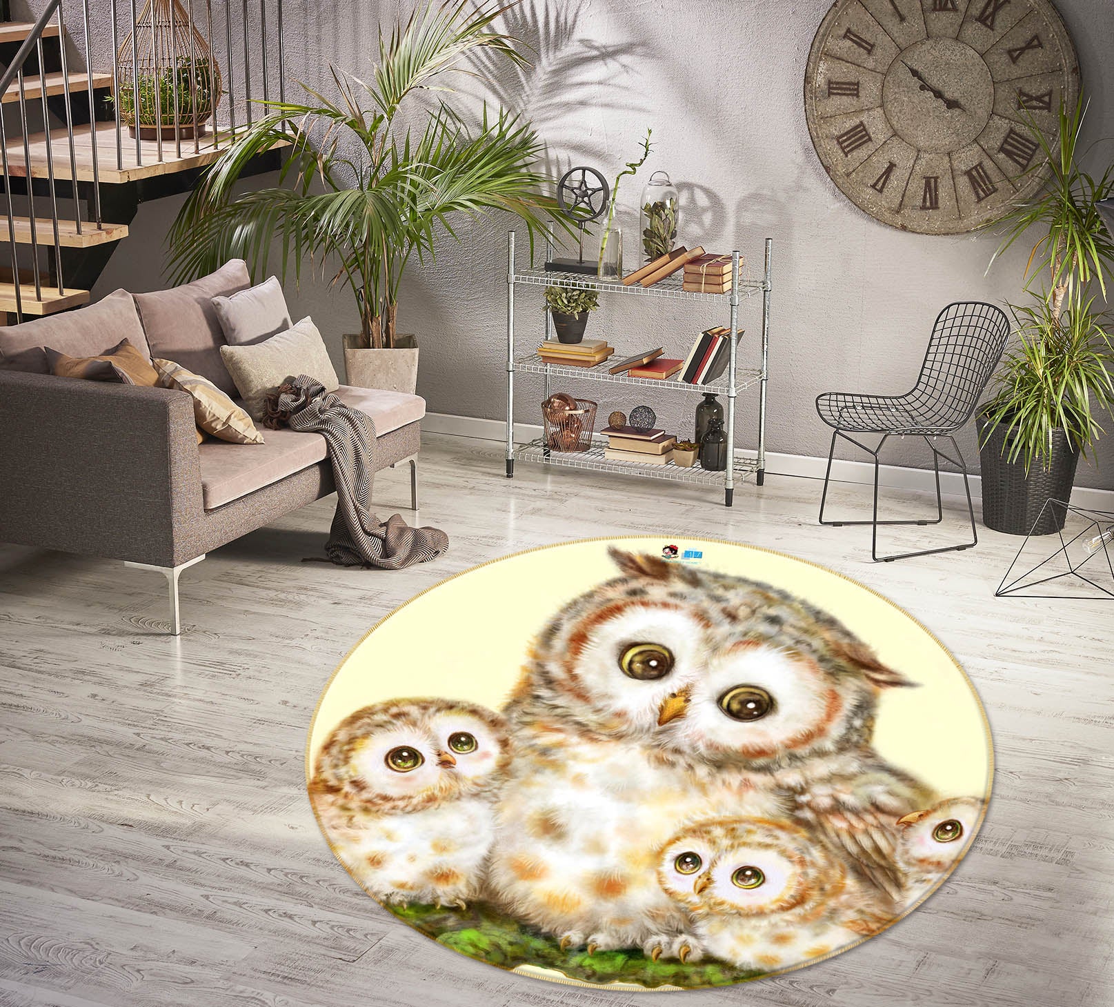 3D Cute Owl Moon 6039 Kayomi Harai Rug Round Non Slip Rug Mat