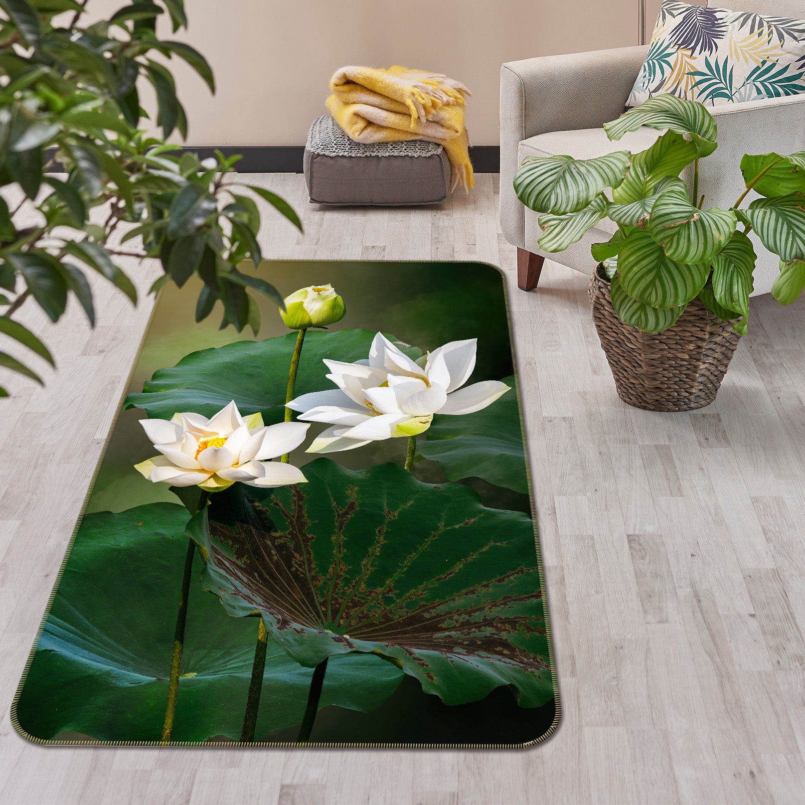 3D White Lotus 26100 Non Slip Rug Mat