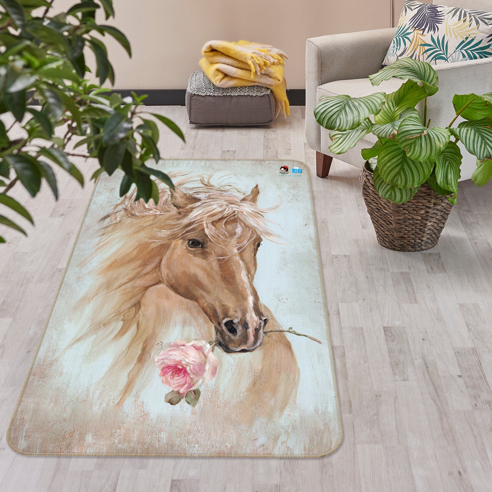 3D Horse With Flowers 1070 Debi Coules Rug Non Slip Rug Mat