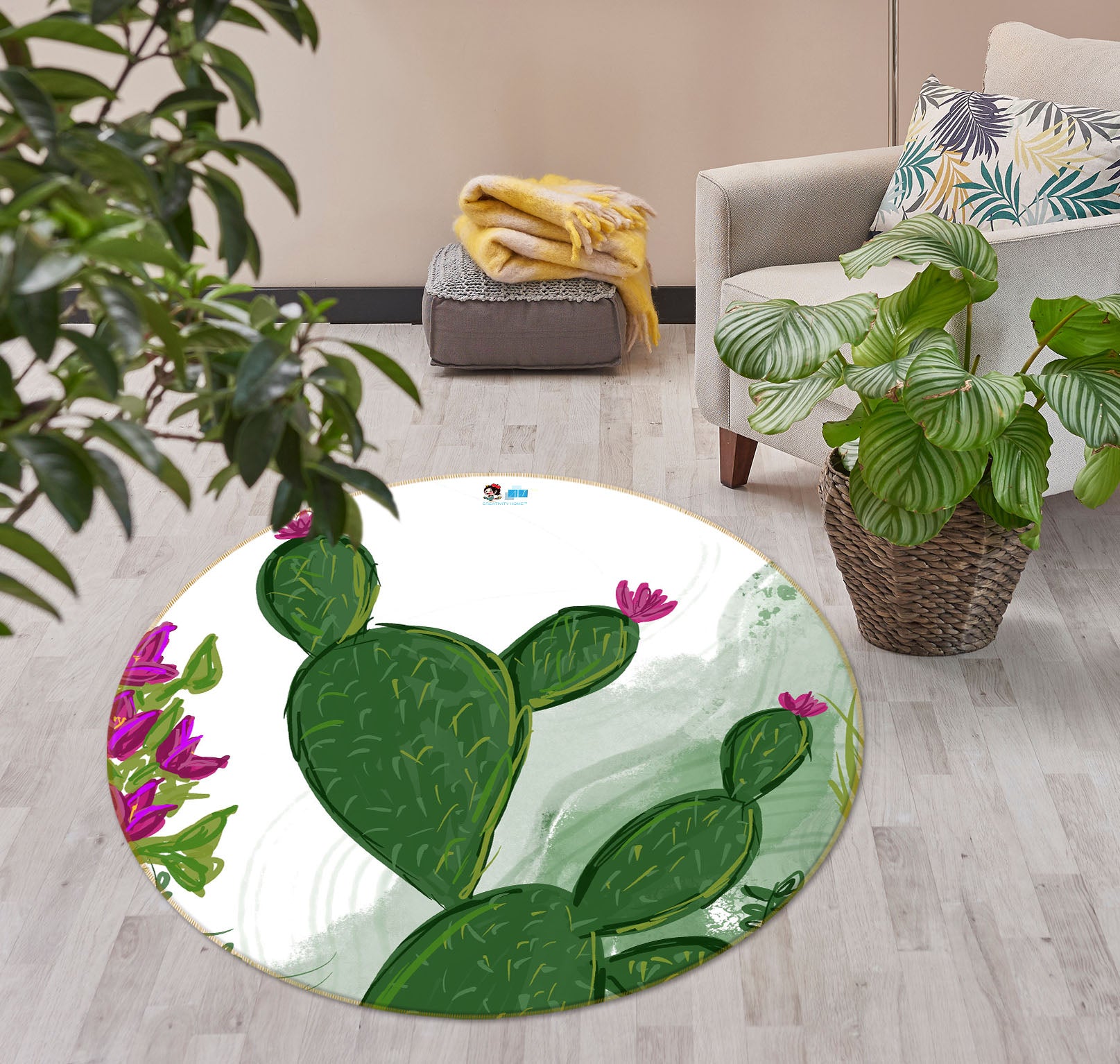3D Green Cactus 8236 Jacqueline Reynoso Rug Round Non Slip Rug Mat