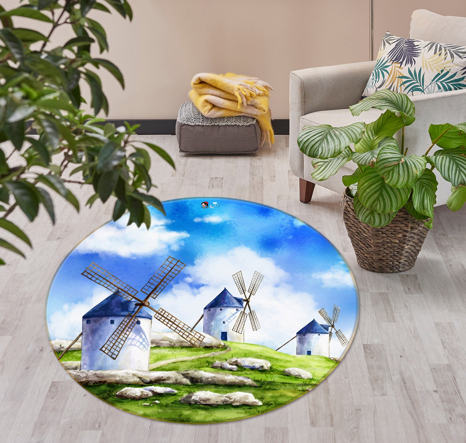 3D Windmill Lawn 74062 Round Non Slip Rug Mat