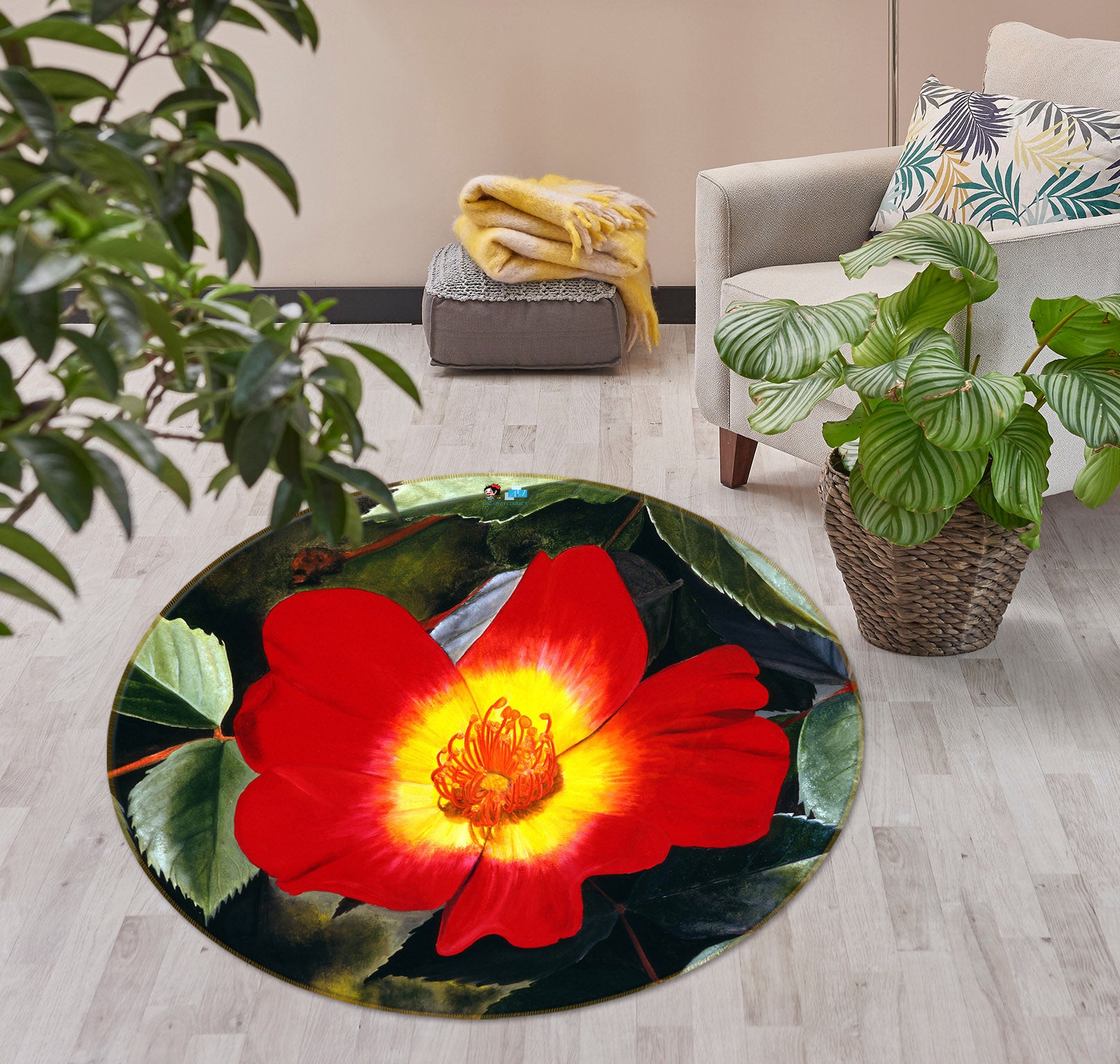 3D Red Flowers 11095 Matthew Holden Bates Rug Round Non Slip Rug Mat