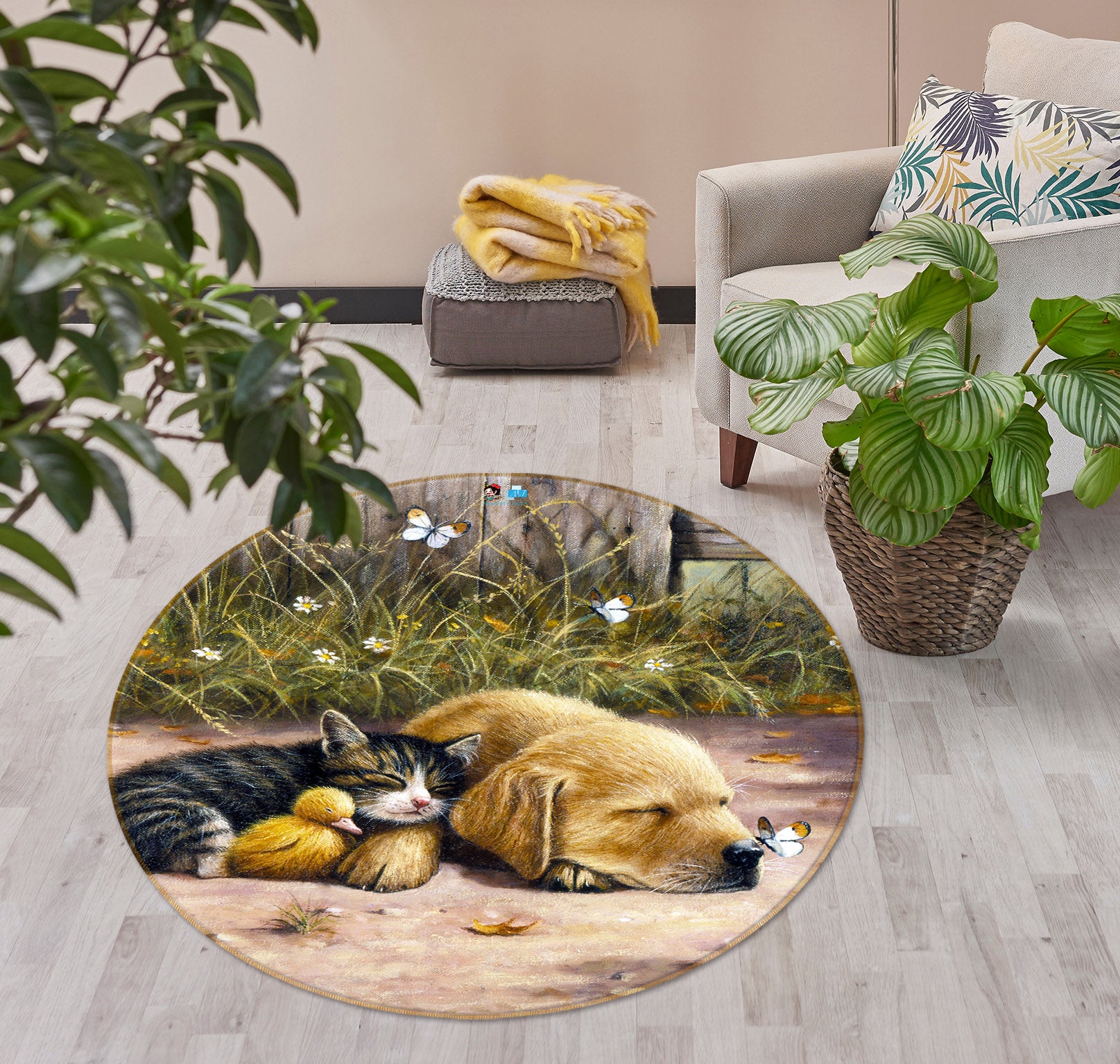 3D Cat Dog Butterfly 033 Kevin Walsh Rug Round Non Slip Rug Mat
