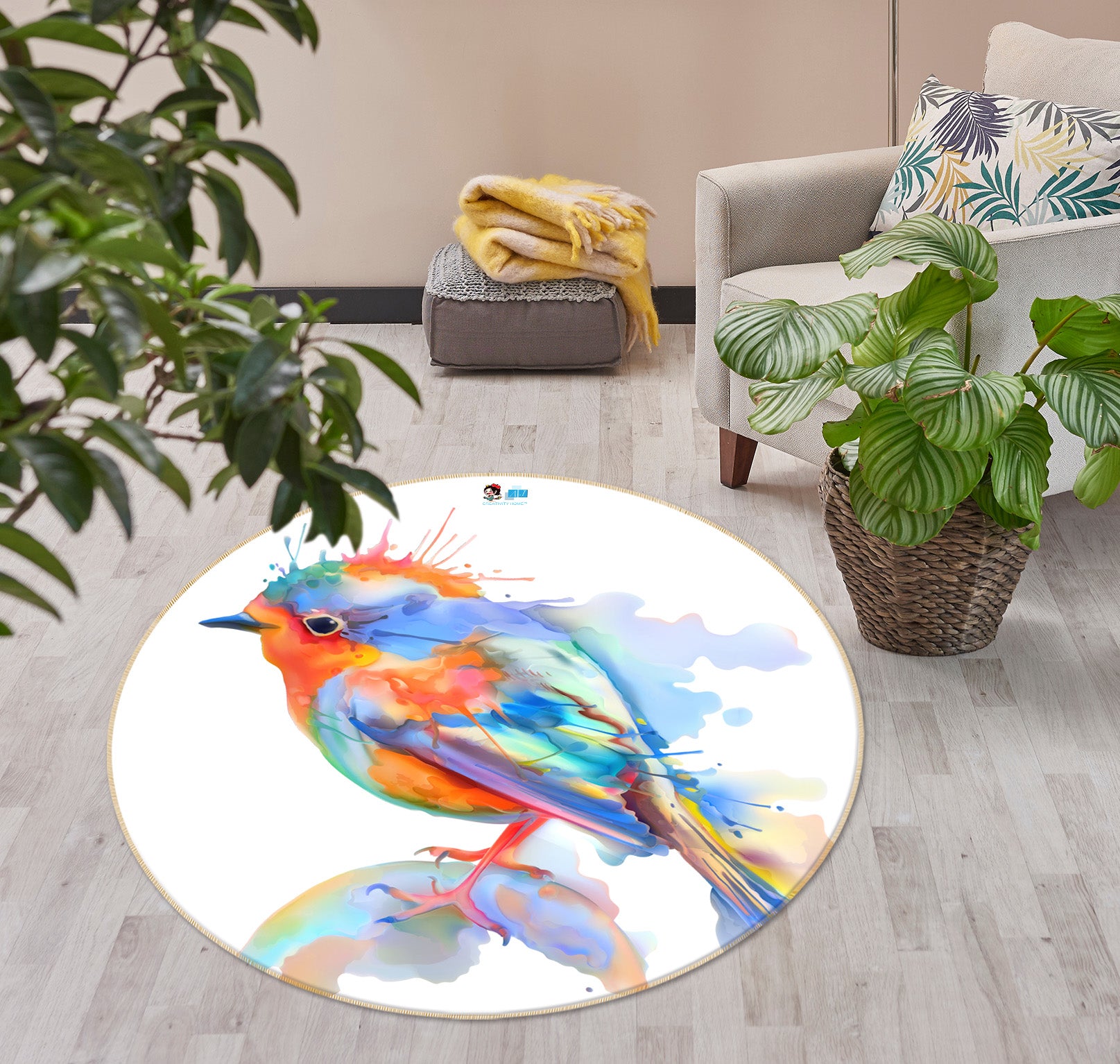 3D Watercolor Sparrow 74230 Round Non Slip Rug Mat