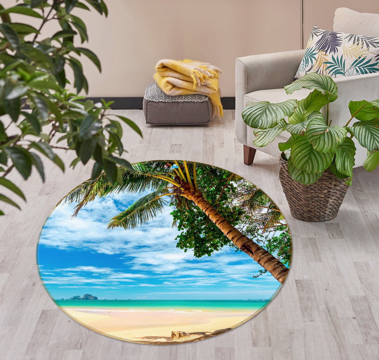 3D Seaside Coconut Tree 75064 Round Non Slip Rug Mat