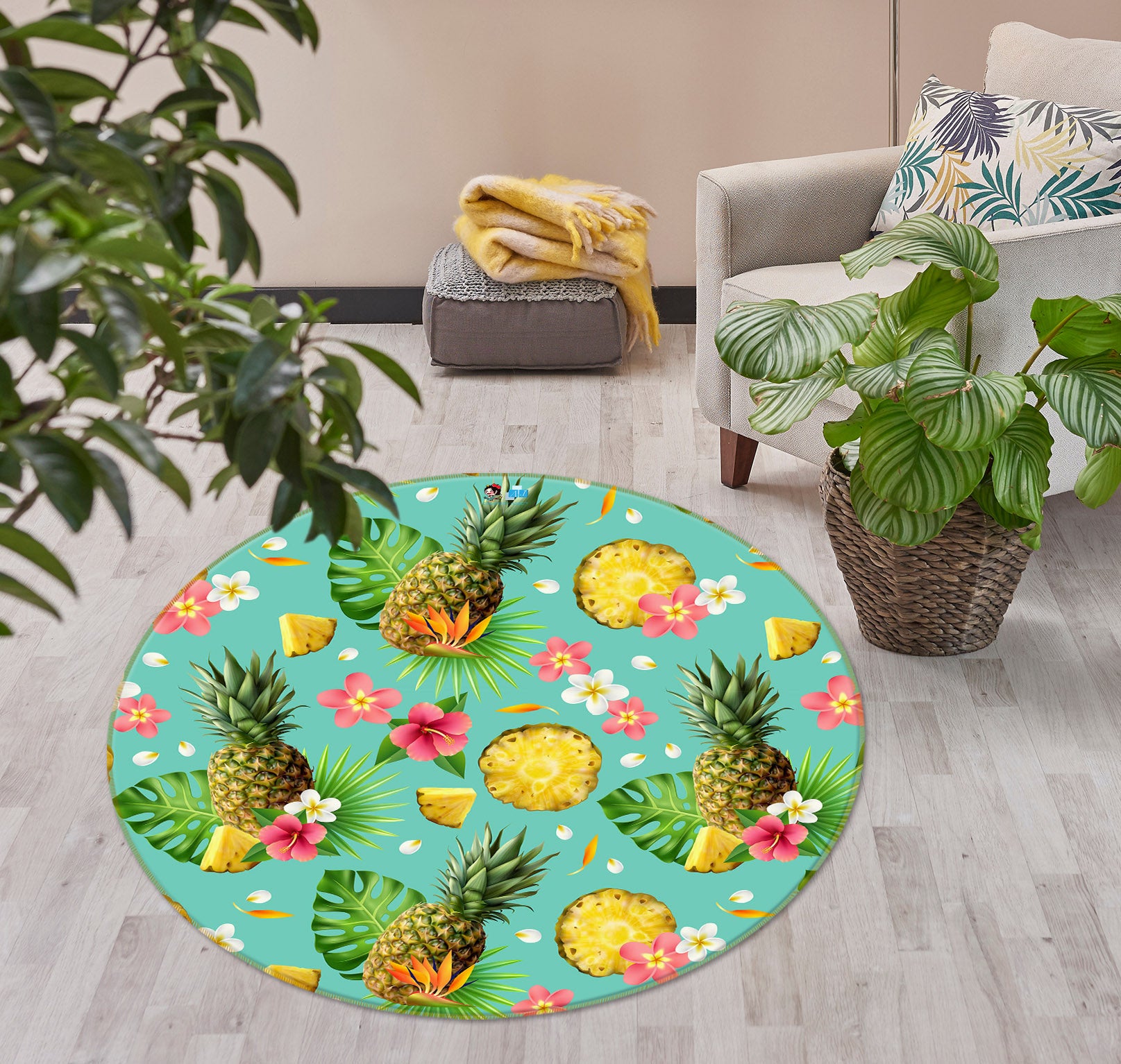 3D Pineapple 75047 Round Non Slip Rug Mat