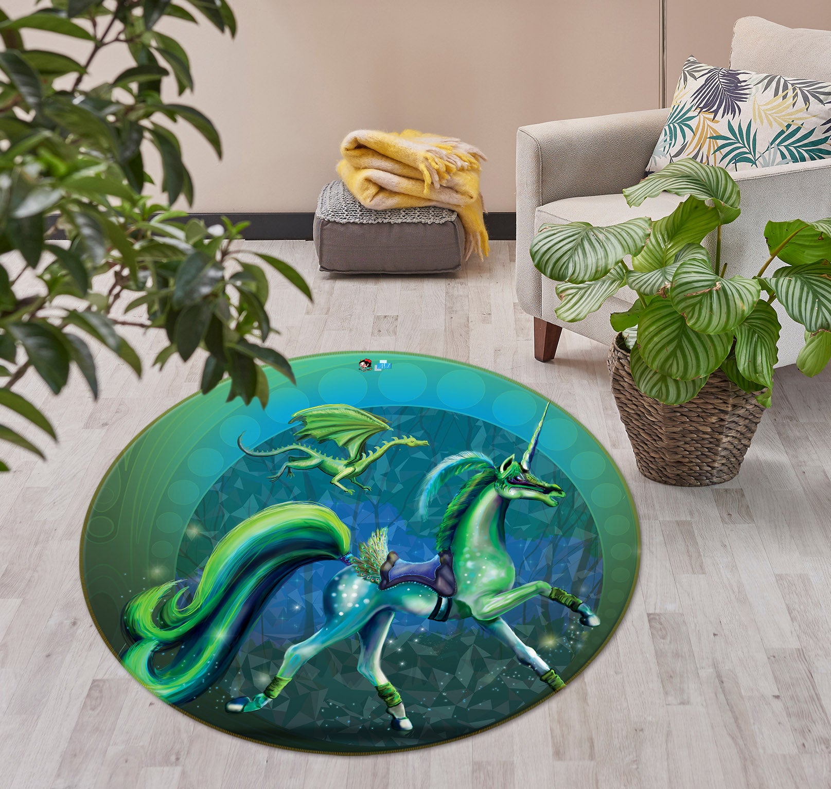 3D Green Unicorn 83171 Rose Catherine Khan Rug Round Non Slip Rug Mat